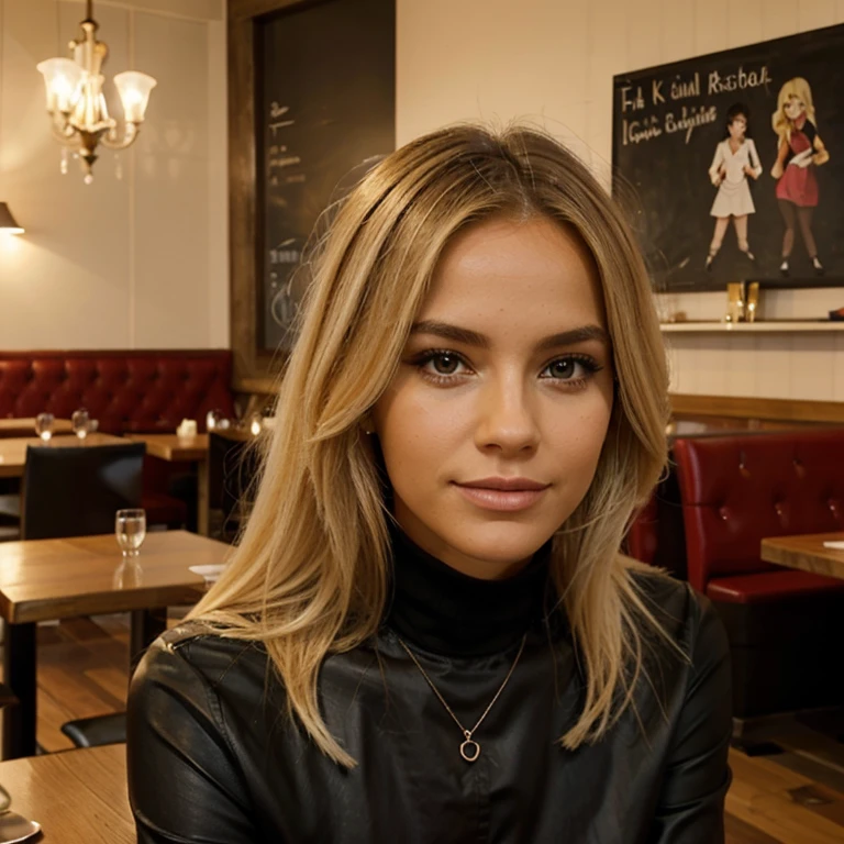 Femme blonde cheveux noires au restaurant 