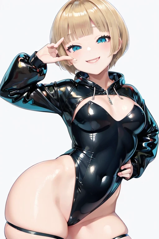 Blonde hair, short mash hair, turquoise eyes,A girl with impressive blonde hair、hair ornaments、short bob、hot pants、smile、dynamic pose, Pink bondage suit, mocking smile