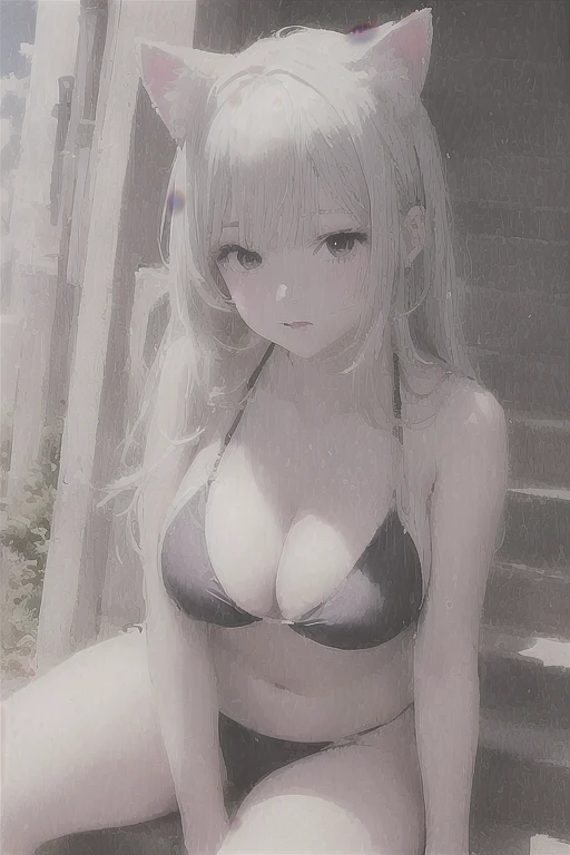 Anime girl in bikini with cat ears sitting on stairs, Gweitz, perfect Gray-haired girl, Gweitz masterpiece, Gray-haired, Enchanting anime girl, artwork in the style of Gweitz, Beautiful and attractive anime , Beautiful Anime girl, Beautiful Anime, Gweitz on pixiv artstation