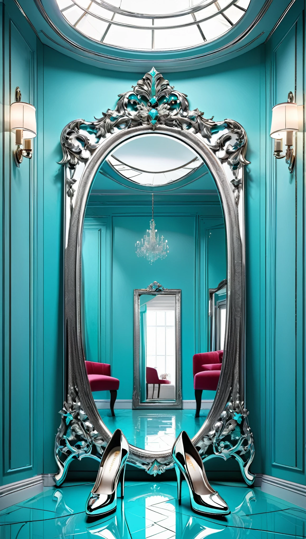 best quality, super fine, 16k, incredibly absurdres, extremely detailed, delicate and bold, a work of art, a carved mirror frame made of luxurious silver chrome plating, cracks radiating from the center of the mirror, high heels, Tiffany blue plaster room
