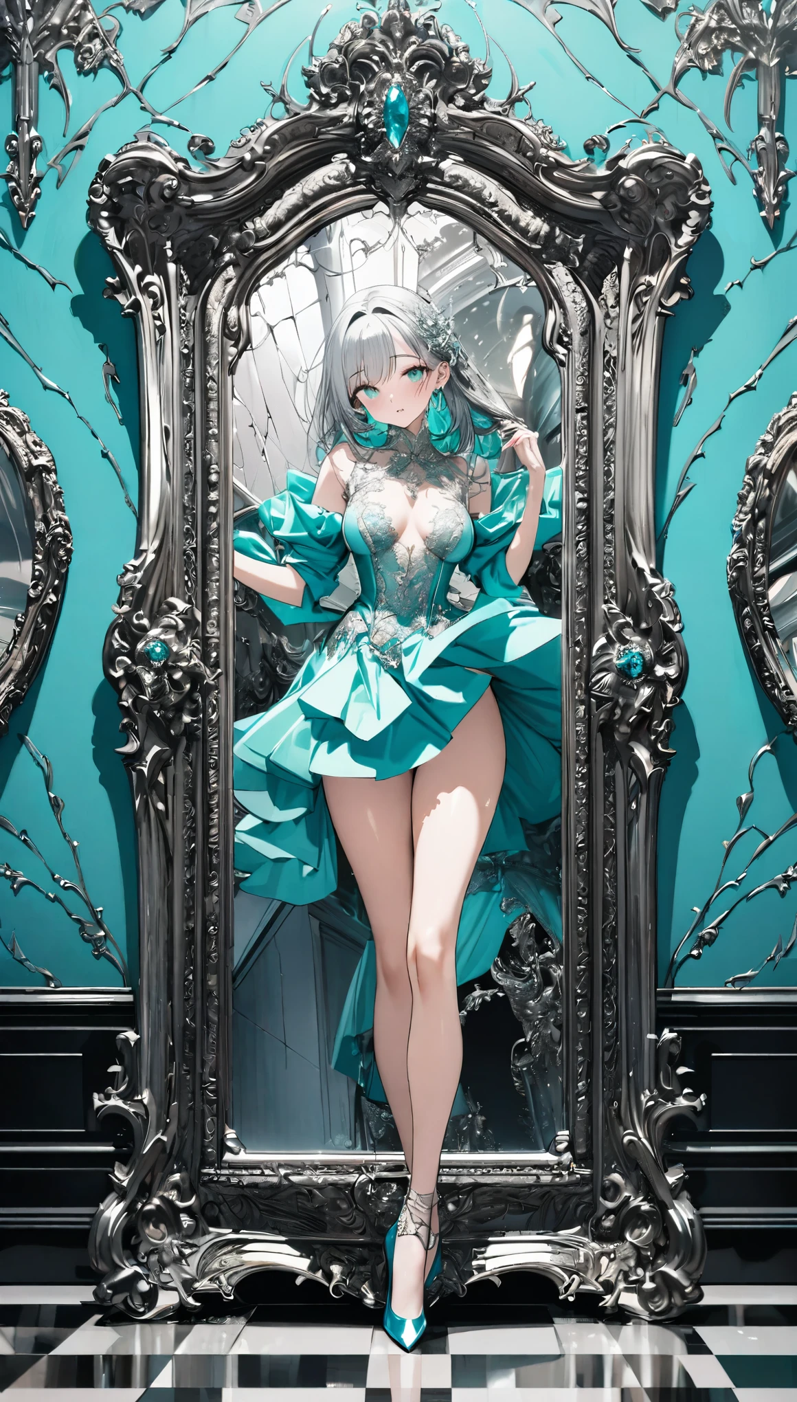 best quality, super fine, 16k, incredibly absurdres, extremely detailed, delicate and bold, a work of art, a carved mirror frame made of luxurious silver chrome plating, cracks radiating from the center of the mirror, high heels, Tiffany blue plaster room