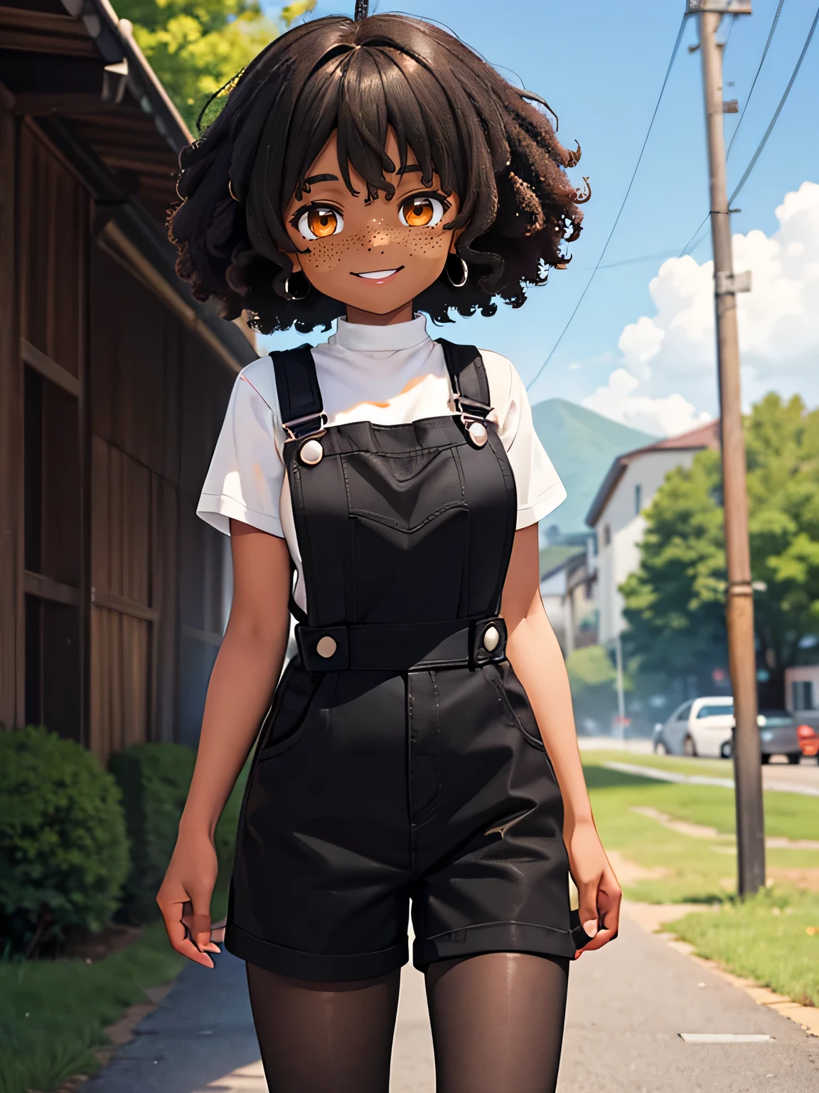 (masterpiece, best quality), deep ebony 1girl, beautiful face, short Afro braids , cute, , beautify, Lofi vibe,, cute night vibe, concentrated, hands outside of the picture, farm setting , dressed like a cowgirl whit, cute look, clothing is dry and baggy, small breasts, vibe, cute smile, Stardew Valley inspired