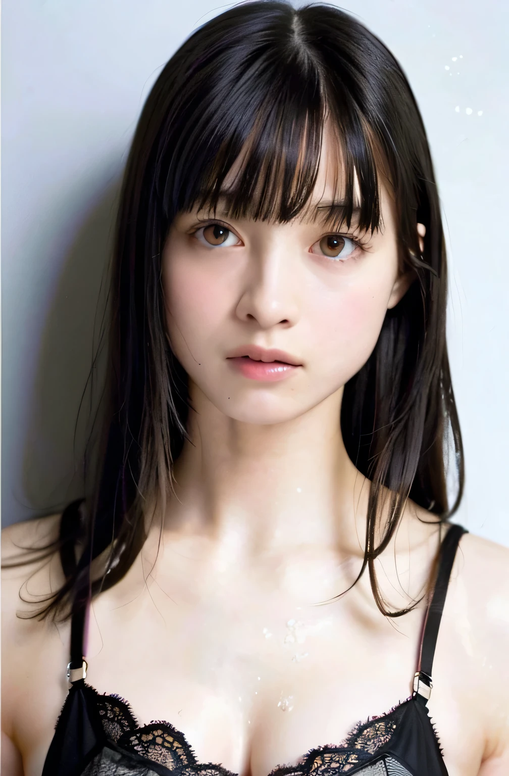 highest quality、masterpiece ,、Ultra-high resolution、(Realistic:1.4)、RAW Photos、1 girl、Black Hair、Glowing Skin、Wet body、playwright、whole body、Bitch、whole body photos、Huge breasts、High exposure、pubic hair、lingerie