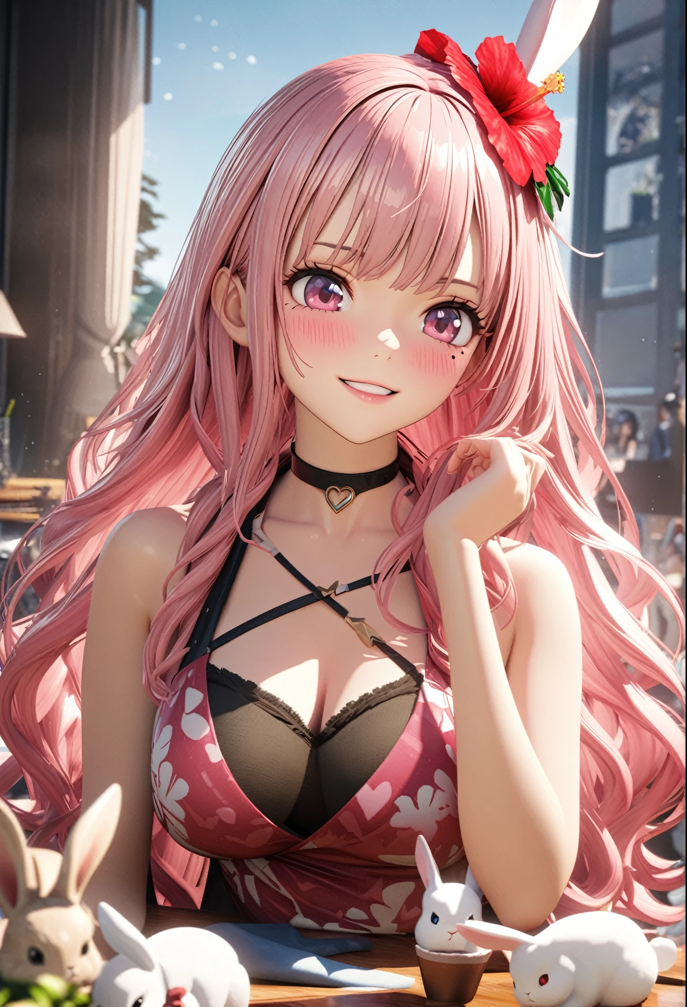 masterpiece, highest quality, Very detailed, High resolution, An expensive solution, High resolution, 4K, 8k, unity 8k wallpaper, Very detailed CG, masterpiece, 2D, 3D, Beautiful details, depth, Fine texture, highest quality: 1.3, Total concentration, Crisp skin, he, Very cute anime rabbit, A cute rabbit like an idol, expensive pink long hair, One Girl, Aloha One Piece, morning, morning食, hibiscus hair accessory, Smiling long pink hair, whole body, Mole under the eye, Line Sight, expensive, blush, Lips parted, heart, Pink Eyes, choker