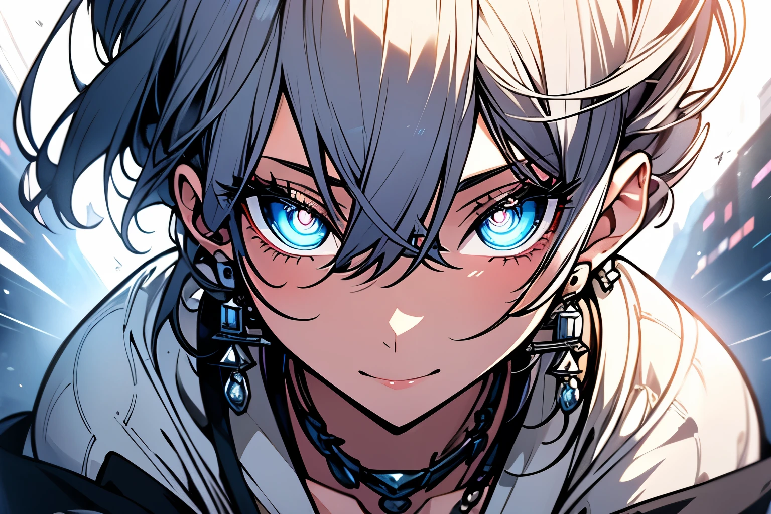 masterpiece, best quality, illustration, fan blue, platinum earrings, platinum necklace, white kimono, 1 woman, cute, (dynamic lighting:1.2), cinematic lighting, delicate facial features, detailed eyes, sharp pupils, realistic pupils, 