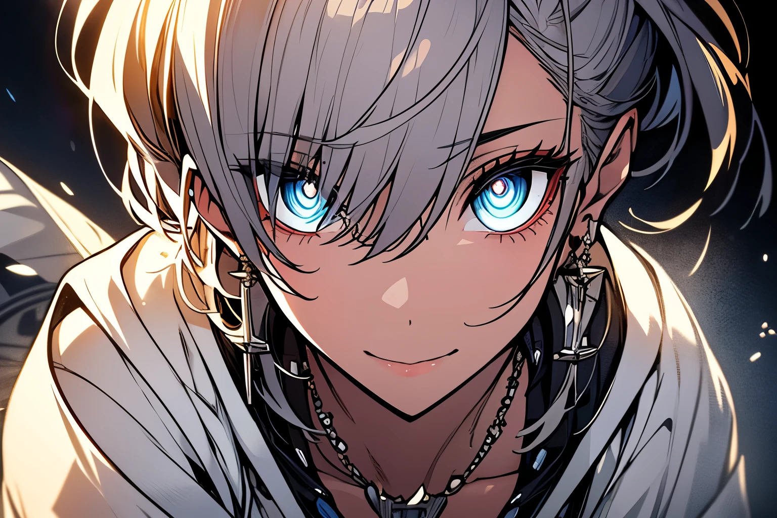masterpiece, best quality, illustration, fan blue, platinum earrings, platinum necklace, white kimono, 1 woman, cute, (dynamic lighting:1.2), cinematic lighting, delicate facial features, detailed eyes, sharp pupils, realistic pupils,