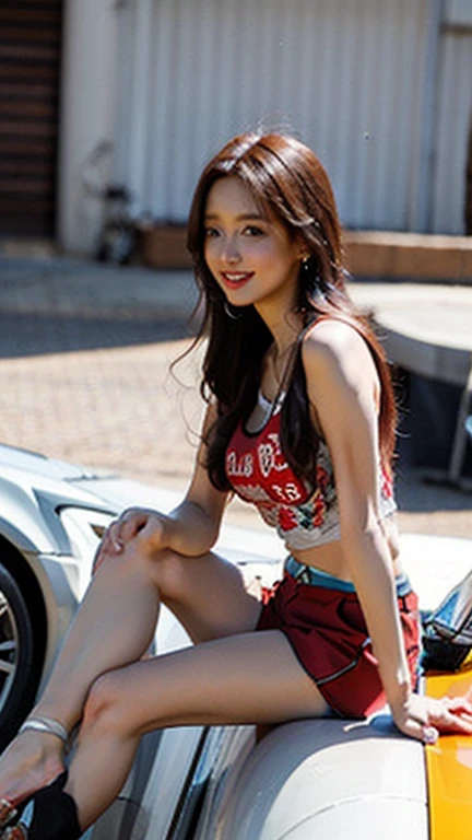 (High resolution 8K),( highest quality), Very detailed, (masterpiece), Realistic, Very detailedなかわいい女の子,( Age 25), (From the whole body to the toes:1.2),(Shooting from the side:1.2),(sitting on the hood of a car),(Race Queen),(Natural pose),(Hair tying pose),(Big Breasts),(Big Ass),(Smiling at the camera),( Smiling while looking at the camera ),(Full Body Shot:1.2) ,((Side shot 1.2)),(ponytail),(photoRealistic:1.3),((Wear a sponsored grid girl costume,Wearing a tank top with a logo printed on it)), ((Red logo print shorts)),(Participate in a motorsport race), (Look at me and smile),