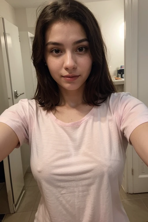 A front camera selfie of a girl in pink tshirt with white pajama