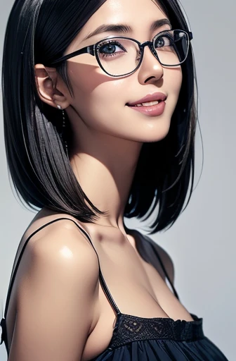 (masterpiece), (8k, best quality, high resolution), (ultra-detailed, realistic), (anatomically correct),  
((face close-up)), (Standing), (No background),
(1woman),  (looking at viewer), 
(A Japanese woman, 30 years old and 155cm tall.), 
(black hair), (straight hair), (short hair style), (bob cut), (hair behind ears), 
(wear glasses), ((black cell frame glasses)), 
((Wear a navy blue spaghetti strap dress)), (Mini length dress with simple design), 
(Create a detailed image of the eye), 
(Her impression is pure, clean and kind.), 
((A captivating smile, just showing a few teeth.)), 　 
