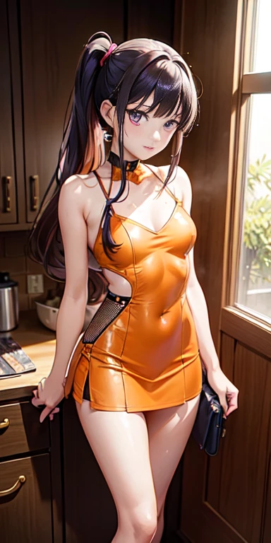 American Shot View, anime, プロフェッショナルなanimeスタイル, (Only one woman), ((From head to toe)), Diane is a beautiful woman with purple eyes and a perfect body., Her hair is brown and long, Two long ponytails tied on either side of her head, She is young, .、She has a beautiful appearance, She is wearing an orange one-piece suit.。 (Solo Short Mini Skirt), Boots that reach up to the knee, and、Metal gloves with glittering inlay. metal block, Intricate details, ((80% nude))