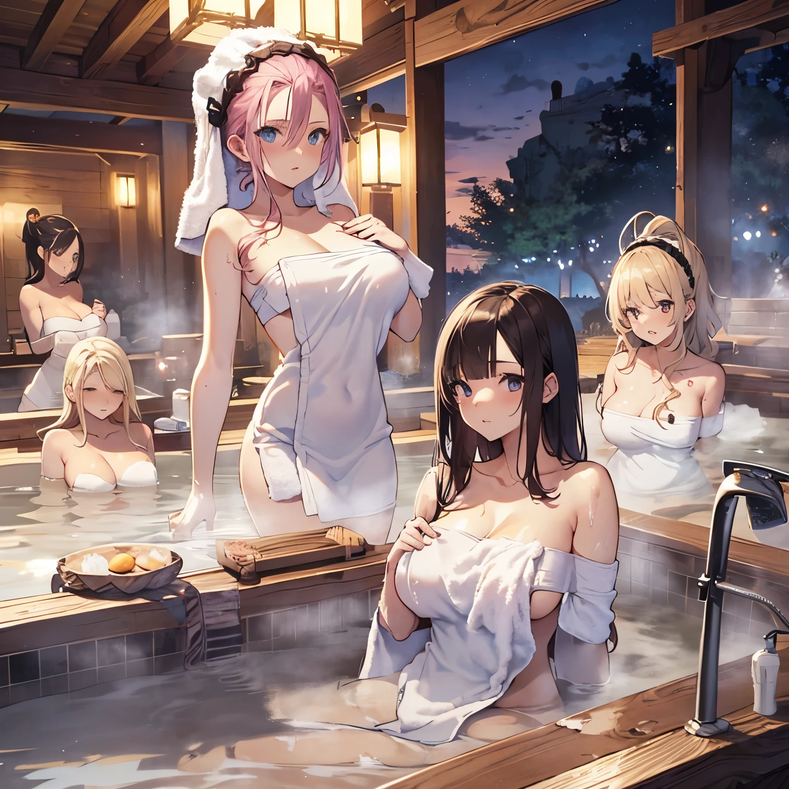 A group of women set in a medieval fantasy world、Dragon Quest、 (At the hot spring), Mr.々Hair style, Harem, night, Detailed aspect,  Seduce, ((Thin bath towel:1.5))、Huge Breasts、Big Ass、wide waist width、The nipples are erect