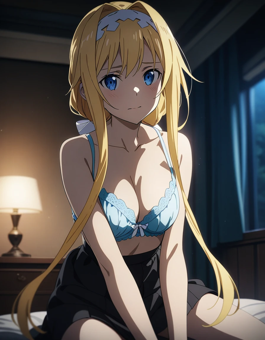 1girl and 1boy, alice zuberg, sword art online, straddling, panties, bra, grabbing own breasts, looking at viewer, indoor, masterpiece, best quality, very aesthetic, absurdres, cinematic still, emotional, harmonious, vignette, highly detailed, high budget, bokeh, cinemascope, moody, epic, gorgeous, film grain, grainy