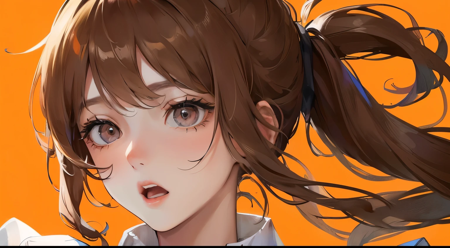 (((1 personの少女)))、((1 person)),Masterpiece,best quality, ((Surprised face))), ,(((Date)))、,((White shirt))、((Pale orange background))、determined expression, Upper body diagram、 (Highest Resolution、Clear_image)、Best Quality、Light and shadow contrast、((illumination))、Very detailed、Semi-realistic、Ponytail hairstyle、Brown Hair、bangs、19 years old、 Lady,,young、((View from top))、Delicate Facial Features