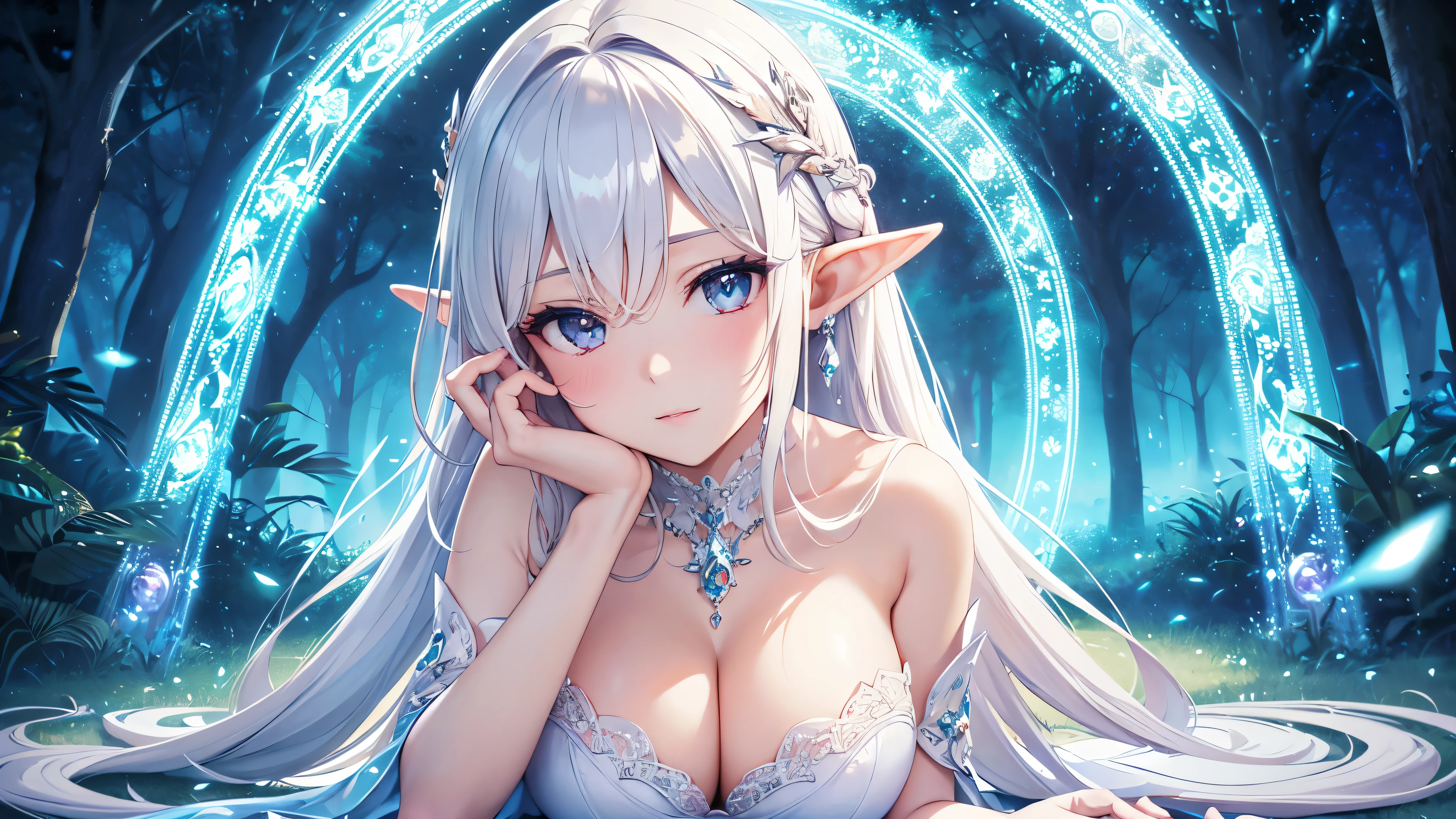 (best quality,4k,8k,highres,masterpiece:1.2),ultra-detailed,(realistic,photorealistic,photo-realistic:1.37),beautiful figure,elf,sexy dress,long white hair,pointed ears,enchanted atmosphere,ethereal beauty,graceful silhouette,fairy tale charm,soft lighting,vivid colors,romantic style,alluring pose,luminous skin,twinkling eyes,magical aura,lace details,jeweled accessories,whimsical background,dreamy setting,mysterious forest glimpse,enchanted moonlight affluent beauty,graceful movement,graceful posture,mesmerizing gaze,subtle sparkle,sensuous curves,alluring feminine,divine radiance,ethereal elegance,delicate features,classic beauty,mesmerizing beauty,enchanted presence,radiant enchantment,serene expression,lustrous white dress,glowing complexion,celestial beauty