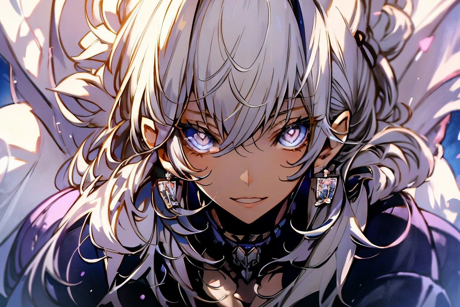 masterpiece, best quality, illustration, fan blue, platinum earrings, platinum necklace, white kimono, 1 woman, cute, (dynamic lighting:1.2), cinematic lighting, delicate facial features, detailed eyes, sharp pupils, realistic pupils,