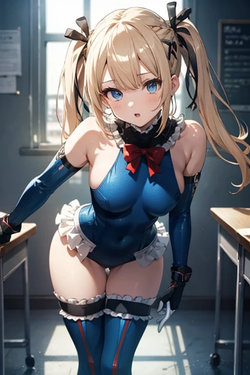 (Extremely detailed CG), (highest quality), 1 girl, Perfect Face, marirose,Blue one piece swimsuit,Shiny skin, Glowing Skin, Wide Hips,tight,Waist,Bodysuits,leotard,bangs,blue eyes,Removed sleeve,White gloves,Knee socks Elbow gloves,Expose your shoulders, Twin tails,Blonde,Long Hair, Hair between the eyes,Pixelated Background,Neon Light,Sci-Fi Color Scheme,Vibrant colors,Metallic texture,Detailed shading,Holographic interface,Dark atmosphere,High Contrast,Sharp focus,Twigs of hair,Reflective surface,Exquisite detail,High resolution,Studio Lighting,Illuminated surroundings,Artificial Intelligence Assistant,Thick thighs,Beautiful Eyes, Beautiful background, Beautiful and exquisite body,fine grain,classroom,Table Sex,Groin friction,Masturbation,A puddle of pussy juice,From below,Moaning,Open your mouth,arm_support,(Leaning forward:1.5),