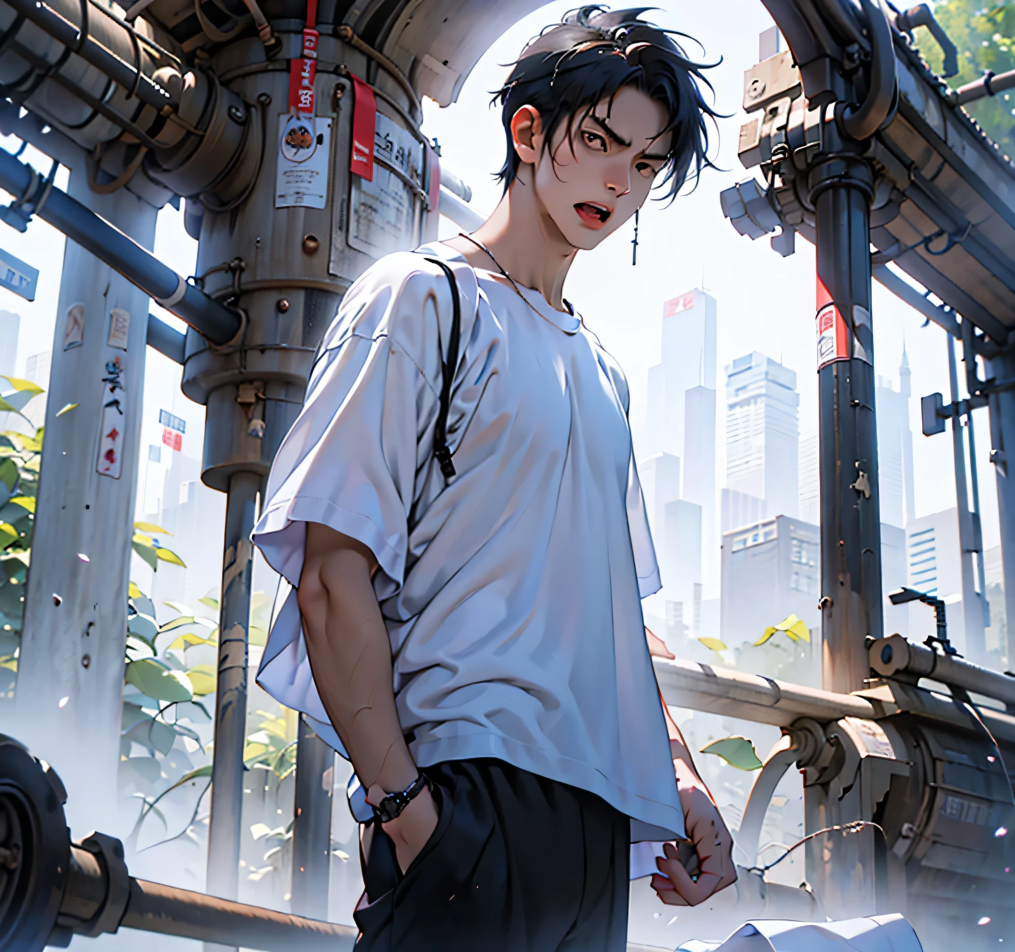 A young male student stands in a park, his body turned to the right. With short, black hair and intense black eyes, he exudes a sense of seriousness, tinged with a hint of anger. His slightly open mouth suggests frustration. He wears a white T-shirt and black casual pants, surrounded by the tranquility of the park environment --ar 1:1 --niji 5