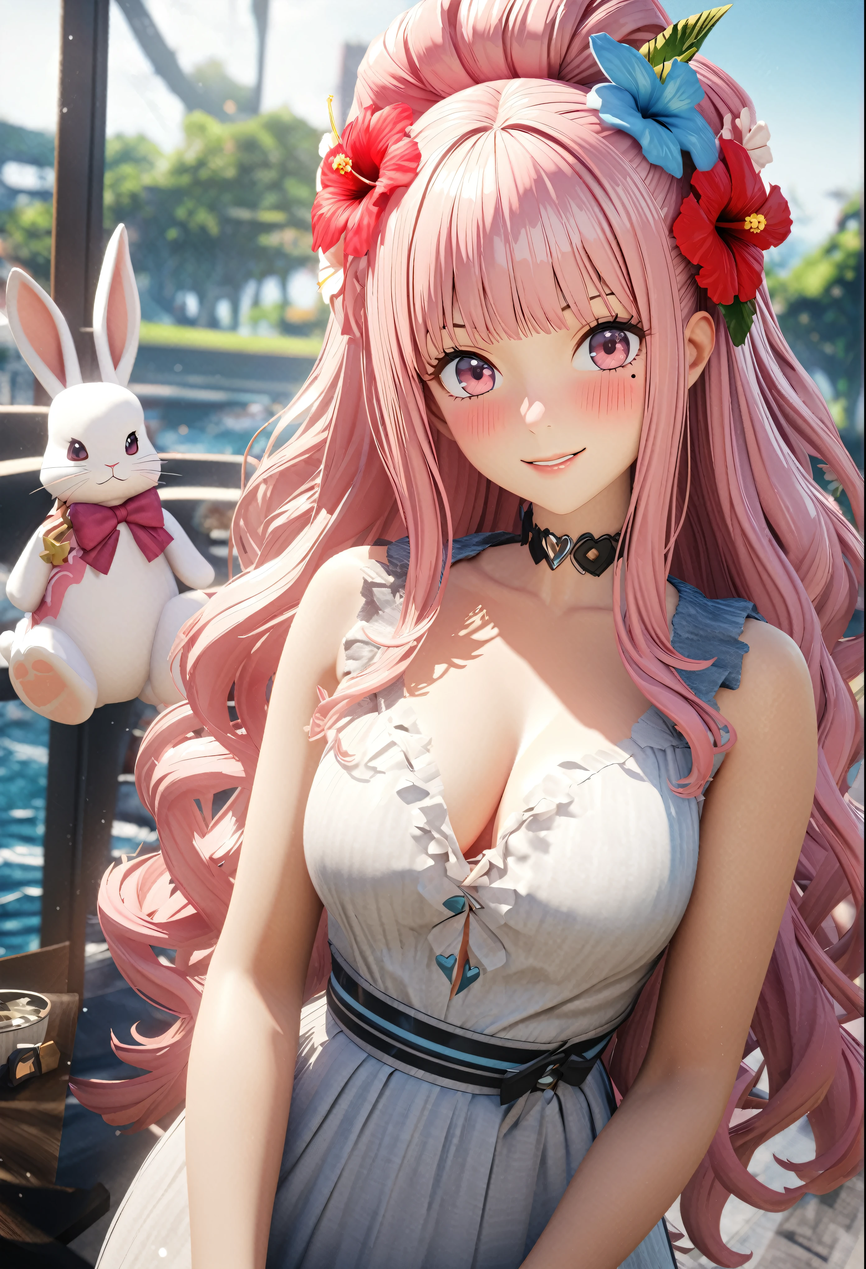 masterpiece, highest quality, Very detailed, High resolution, An expensive solution, High resolution, 4K, 8k, unity 8k wallpaper, Very detailed CG, masterpiece, 2D, 3D, Beautiful details, depth, Fine texture, highest quality: 1.3, Total concentration, Crisp skin, he, Very cute anime rabbit, A cute rabbit like an idol, expensive pink long hair, One Girl, Aloha One Piece, morning, Breakfast, hibiscus hair accessory, Smiling long pink hair, whole body, Mole under the eye, Line Sight, expensive, blush, Lips parted, heart, Pink Eyes, choker