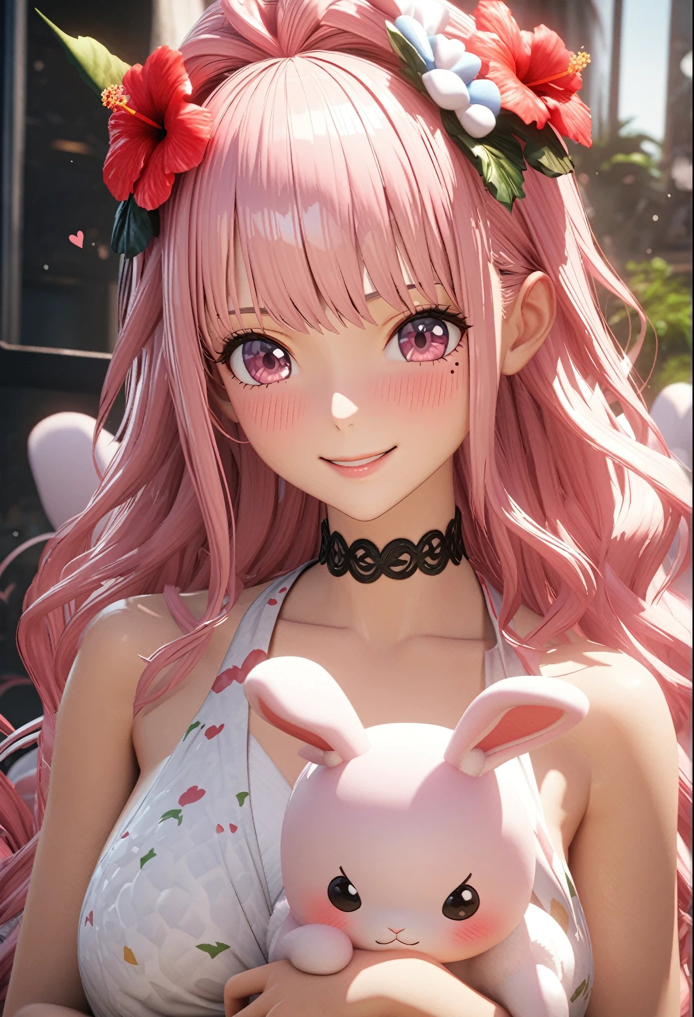 masterpiece, highest quality, Very detailed, High resolution, An expensive solution, High resolution, 4K, 8k, unity 8k wallpaper, Very detailed CG, masterpiece, 2D, 3D, Beautiful details, depth, Fine texture, highest quality: 1.3, Total concentration, Crisp skin, he, Very cute anime rabbit, A cute rabbit like an idol, expensive pink long hair, One Girl, Aloha One Piece, morning, morning食, hibiscus hair accessory, Smiling long pink hair, whole body, Mole under the eye, Line Sight, expensive, blush, Lips parted, heart, Pink Eyes, choker