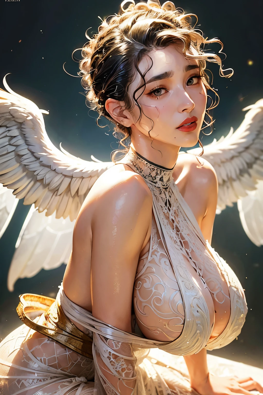 a close up of a woman in a white dress with wings, albedo from overlord, full - body majestic angel, albedo from the anime overlord, by Yang J, extremely detailed artgerm, anime goddess, villainess has black angel wings, ig model | artgerm, guweiz, angel knight girl
Divide Ratio : 1,1,1 Base Ratio: perfect dynamic composition:1.2,beauty in (Intricately detailed photo of a ((18-year-old))),((photorealistic)),((Hyper realistic)),((sharp focus)),(highest resolution),(the most absurd quality),(masterpiece),((natural, soft lighting during the day)),fashion supermodel,((best high quality real texture skin)),(Highly quality texture hair),((curly hair((slicked to the side))Intricately detailed:1.44)),(perfect proportions),(anatomically correct),((perfect female body)),((firm huge full breasts:1.2)),slim face,beautiful cheekbones,((long legs)),(slim-muscled body),(Super beautiful face),(realistic face),(highly detailed face),absurd,(Intricately detailed eyes),(tired and sleepy and satisfied:0.0),a woman's eye with a digital rendering,realistic eyes,perfect round eyes,finely detailed pupils,BREAK(brown_eyes),detailed lips,((red_lipstick)),(Detailed nose), slim waist