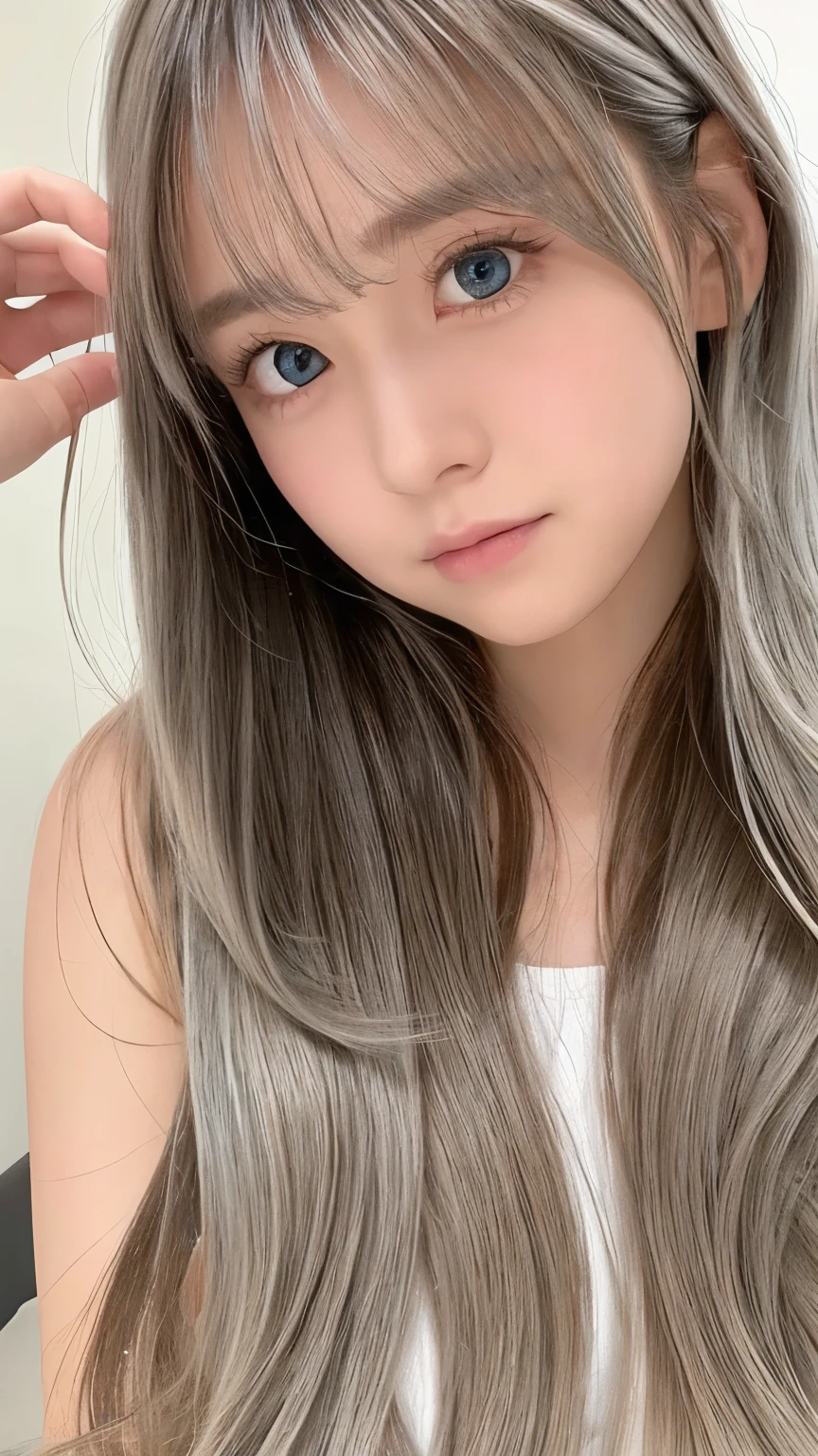 The Shining, clear, White skin、Her windswept silver hair hides her beautiful face.、Huge、、Cute sexy little beautiful face、Beautiful straight hair that stands out、growing up, light blue eyes shimmering、Long, silky bangs that cover cute eyes, Sexy and cute young woman with super long hair hiding her sexy face、Shining silver hair
