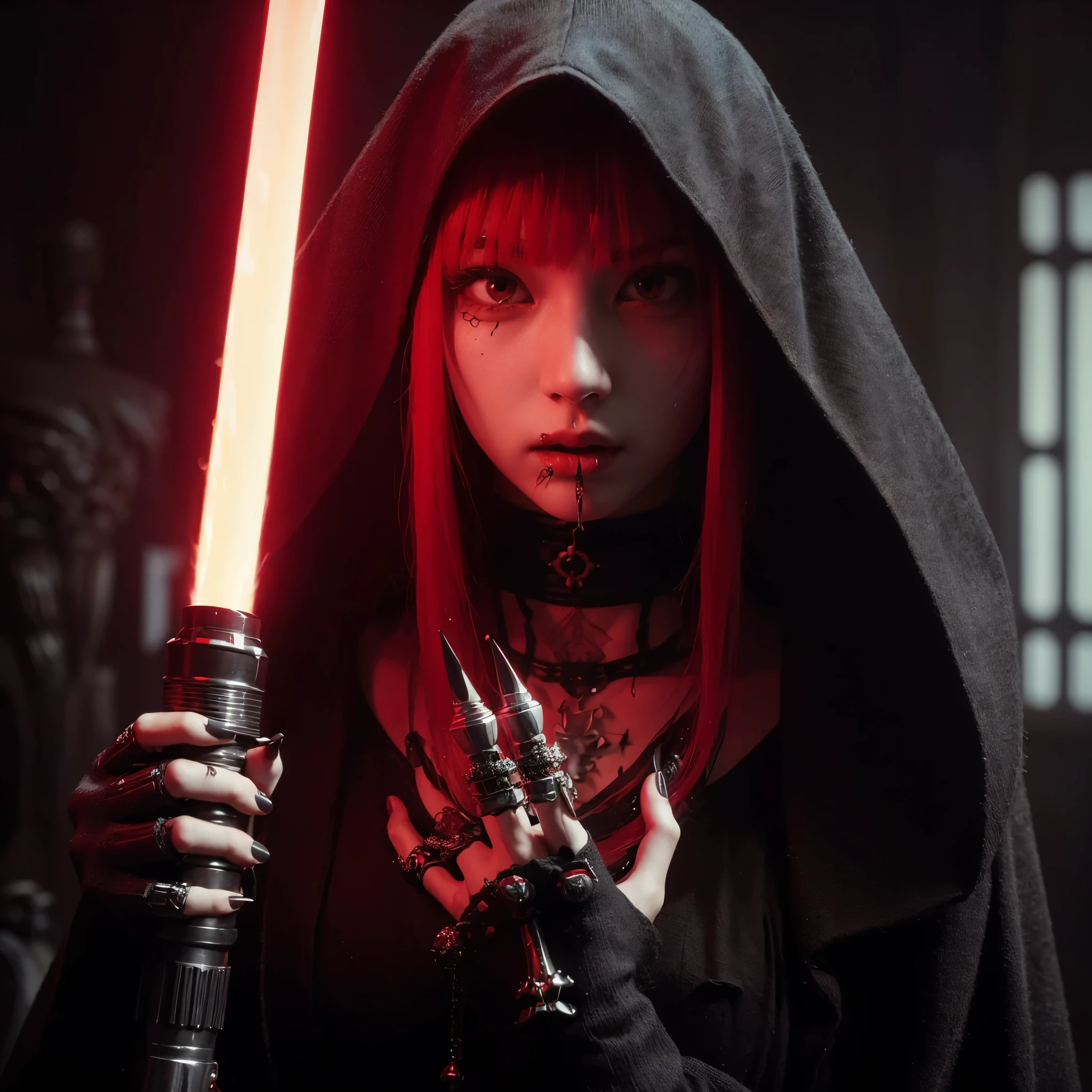 (very sharp result, full body desaturated photo) (((textile shading))), (((Best Quality))), (((masterpiece))) (((hyper realistic photo))) in starwars universe, dark atmosphere, backlight shoot body sith lordes japanese girl in black cult hoodie pale skin, vampire look no makeup, piercings, mysterious sinister with bright red eyes (she is holding ritual skull & red lighsaber) red hair, moist textured facial skin with detail pore face, dark castle, source light only from her red saber, horror feel mood gritty atmosphere, UHD, 8K, shoot by hasselblad with medium lens