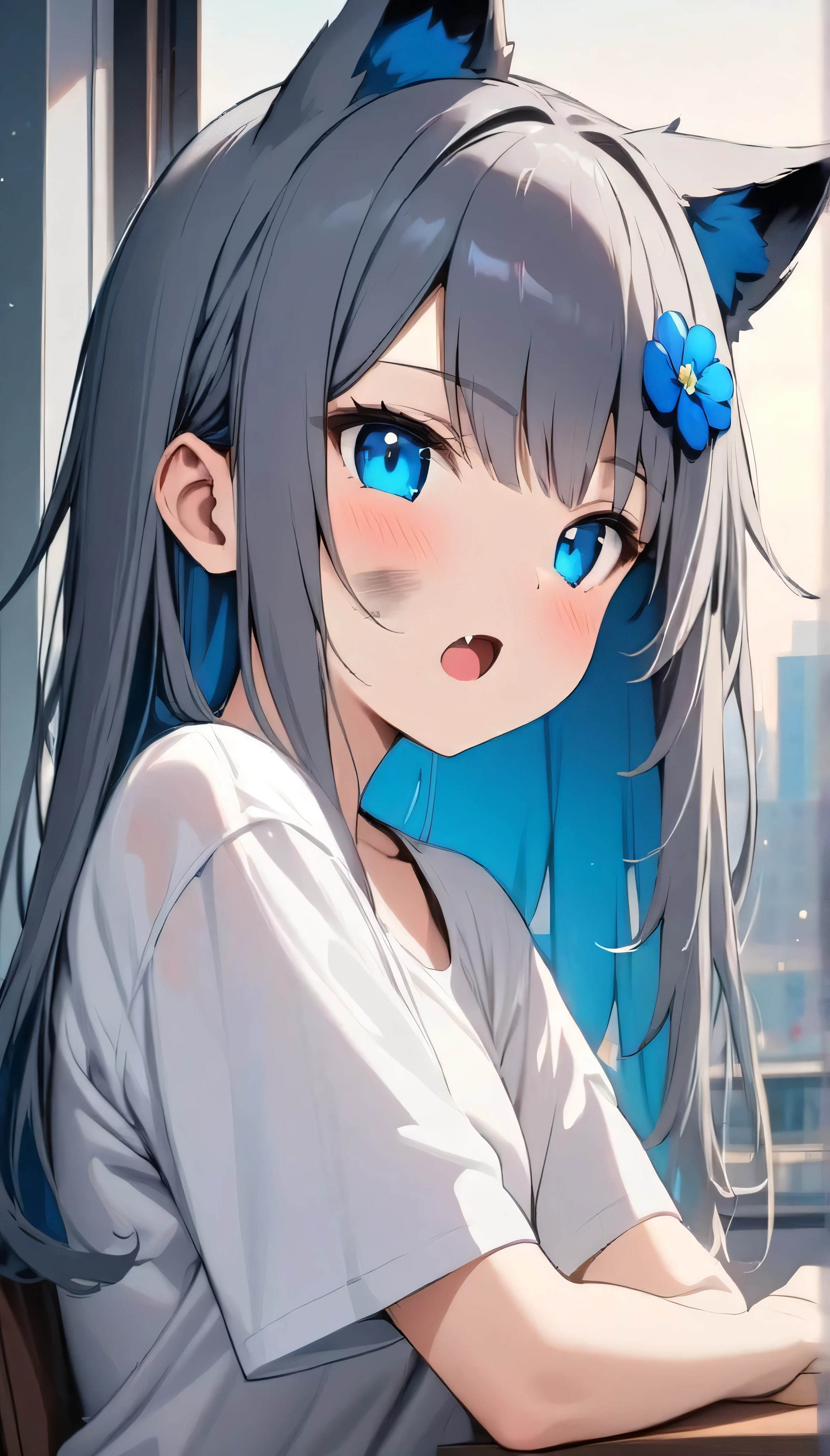 Resolution full, best quality, masterpiece, full HD, beautifull girl, foggy theme, super detailed, 1girl, cute girl, long hair, dark grey hair, blue inner hair, wolf ears, blue flower hair ornament, detailed beautiful cyan eyes. Open mouth. Fang,  Dirty. Bandage at girl face. white T - shirt oversized, holding glowing katana. Head rest at table, at bedroom, window, city view.  bokeh. Depth of field.