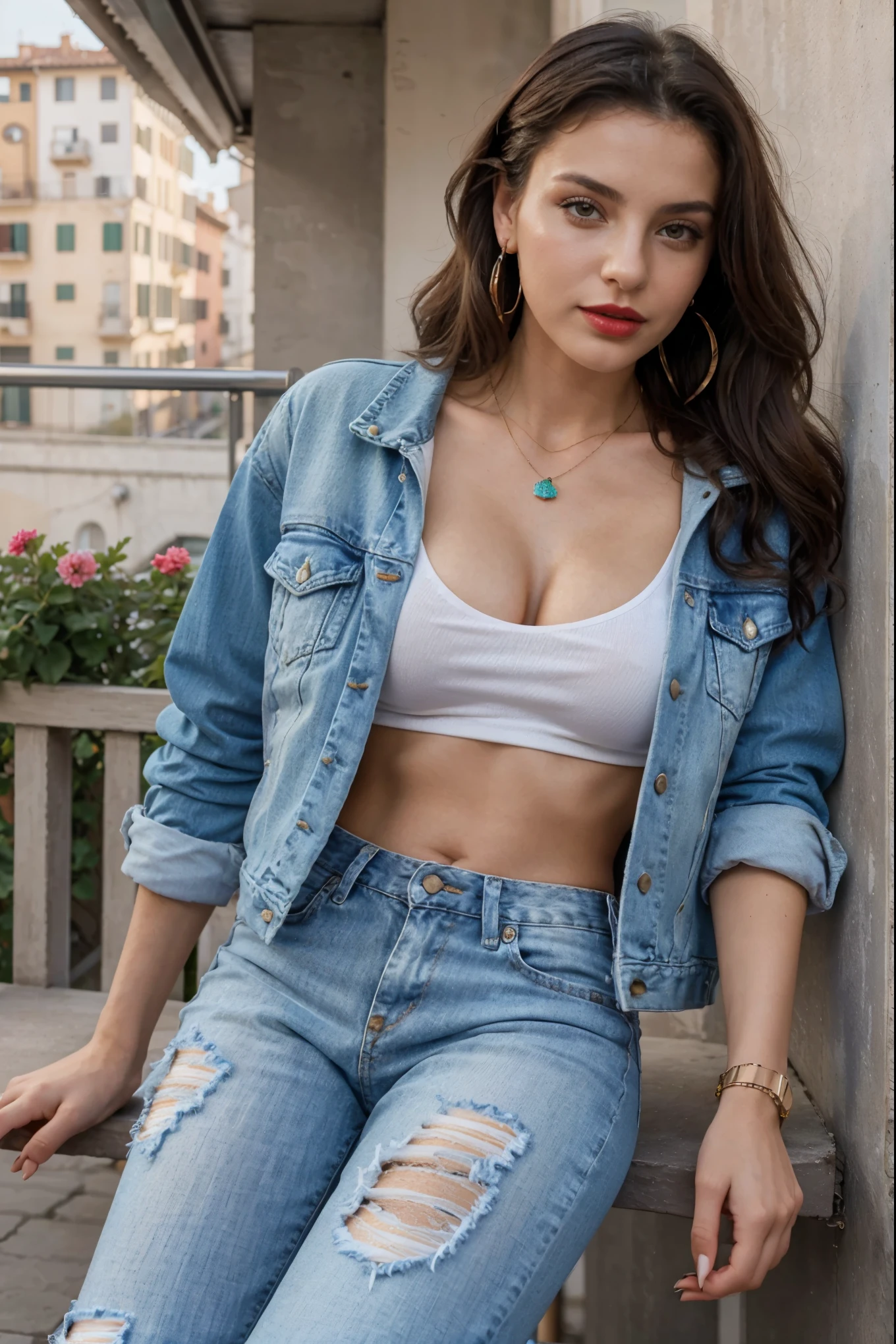 Italian girl 25 years old, beautiful, wonderful, 1 girl, terrace, skyline, colorful flowers, trendy ripped jeans, jacket, royal, very high resolution, 16k, gorgeous body, luxury, daytime, mouth slightly open, red lipstick, beautiful model, earrings, necklace, bright photos, sexy sitting, open legs, bright photos,