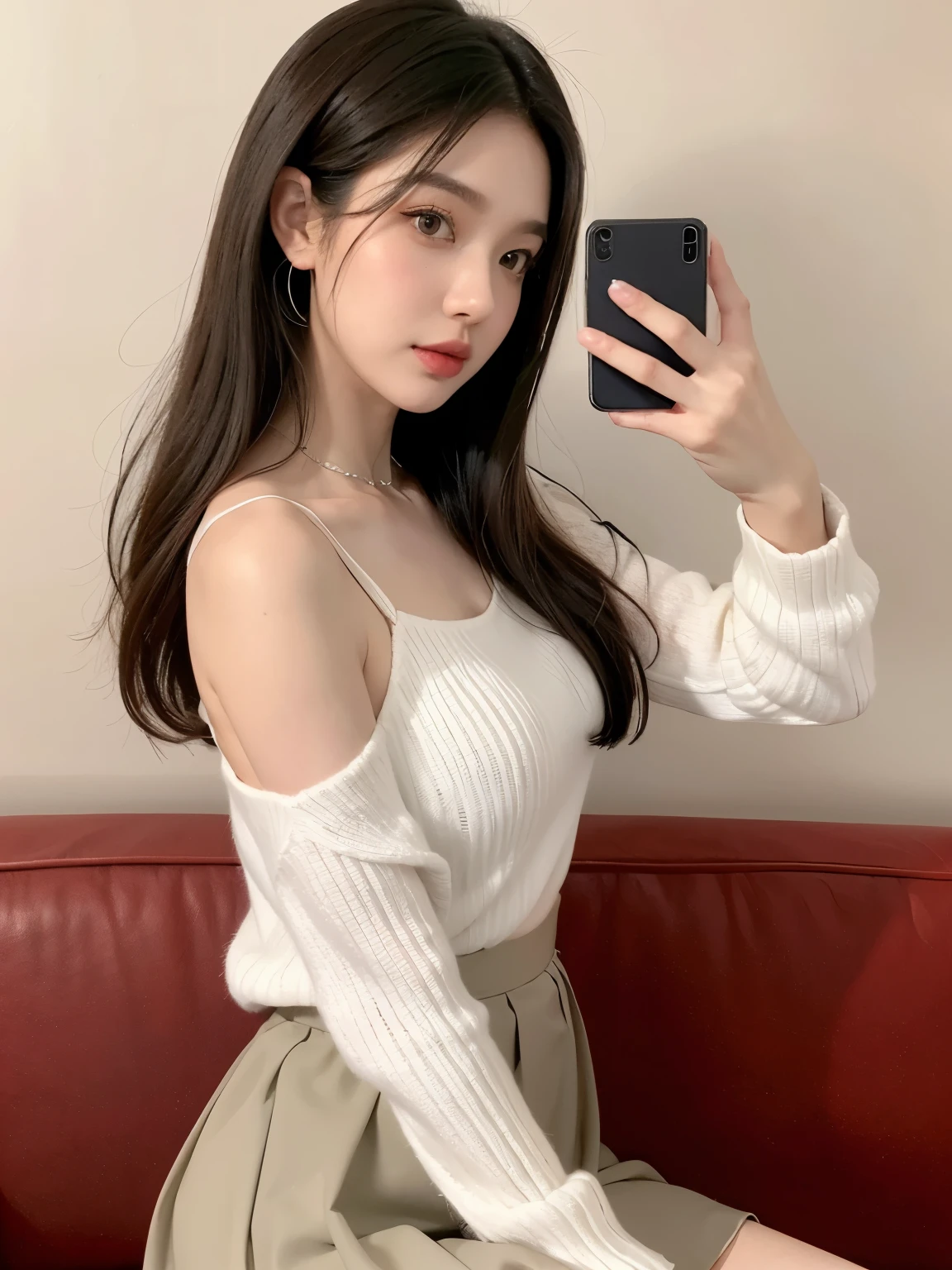 Kim Jennie with white brown hair, con rulos en las puntas, all her hair white brown, with a star clip in her white brown hair, ojos de color claro, ojos bonitos, ojos llorosos, nariz bonita y respingada, nariz lloroso, labios bonitos, labios rosas, heart and cupid shaped lip, piel bonita, pale, piel blanca, con lunares y pecas en todo el rostro, rubor rosa suave en las mejilla, rubor rosa natural, maquillaje suave y rosa, jennie, cuello bonito, cuello marcado, frown, mirada tierna, con un collar de beso, un collar bonito de beso, parecido a Yumeko Jabami, mientras lleva puesto un Crochet YK2, de lana, with a YK2 style brown mini skirt, mientras lleva una casaca con estampados de ositos, mientras tiene el abdomen desnudo, delgado, marcado y bonito, (pechos grandes, pechos suaves, pechos bonitos), mientras esta haciendo cospaly del personaje Yumeko Jabami, del anime Kakegurui, mirando a la camara, autofoto, selfie bonita