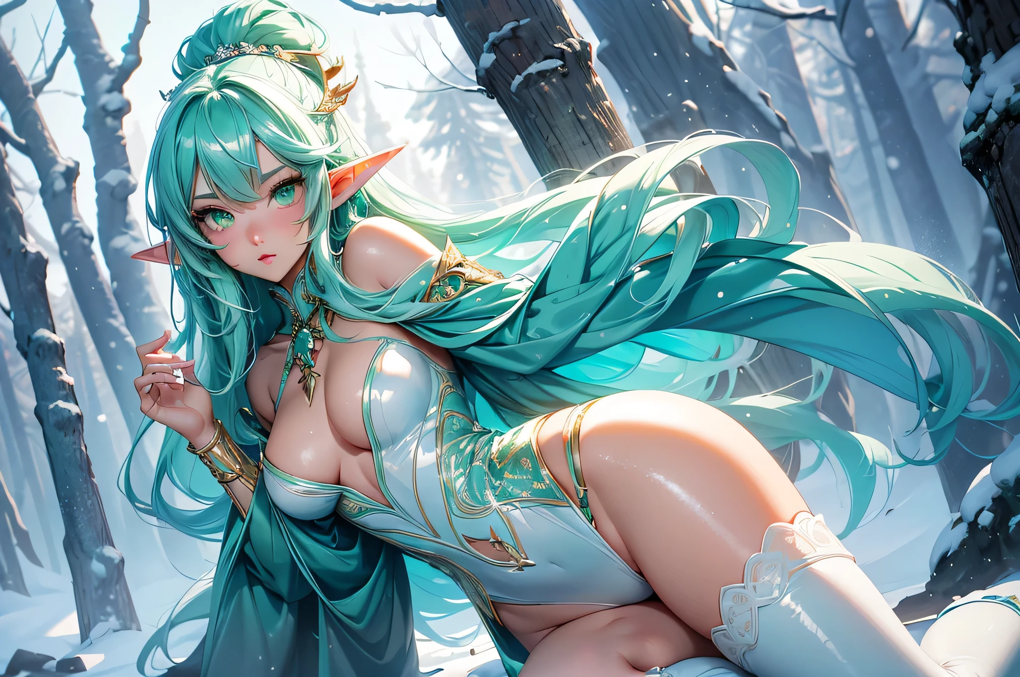 nsfw:1.1, high resolution:1.7, incredibly absurdres, kawaii:1, cute:1.5, hires.fix, anime visual:1, incredibly fine illustration,8k,masterpiece:1.2,best quality, high quality, exquisite, beautiful,insanely detailed,intricate detailed, extremely detailed, Super Definition, ultra high res, Super Resolution, best aesthetic, ultra detailed:1.5, best quality, perfect face, detailed face, masterpiece:1.2, illustration:1.2, 8k cg wallpaper, stunning art,absurdres,octane render,ultra hires,cute elf,(Idol),18yo,Beautiful,(Cute and lovely),cute girl,((anime elf with extremely cute and beautiful green hair)),long hair,hime_cut,(((green_eyes:1.3))),intricate eyes,beautiful detailed eyes,symmetrical eyes,big eyes:1.5,enchanting bright eyes studded with gold and silver dust,(((pinky snd glowing_skin,shiny body,plastic glitter skin,exaggerated shiny skin,illuminated skin))),upward breasts,waist slender,(detailed body,(detailed face)),cute,daring,zettai ryouiki,show skin,best relationship with four fingers and one thumb,Very Fine Face and Eyes,Very Fine Hair,(Perfect Anatomy),((girl trembling with sexual climax)),Garter Belt,Bare shoulders,Check out our thru-rack chokers and midi rings with chains,
Break (((aqua fur coat, wearing a ice leotard:1.3,aqua winter coat))), ((ice leotard,elegant ice leotard)),(white gloves,white clothes,(((intricate outfit,intricate clothes,embroidered outfit,ornate outfit,embroidered clothes,ornate clothes))),Torn clothes,pussy,(dynamic pose:1.0),embarrassed,(centered,scale to fit dimensions,Rule of thirds),((snowy pine forest)),winter,scenery:1.25,((intricate scenery)),((snow forest background)),(Glossy winter ornaments),highres,sharp focus,(extremely detailed CG unity 8k wallpaper),(((vibrant colors,vibrant theme))),(intricate),full body,(perfect body),standing,Forehead.Plain appearance.Talented.naked. Creampie.Semen is overflowing from her vaginal opening. Spread your legs. Raising her legs.
