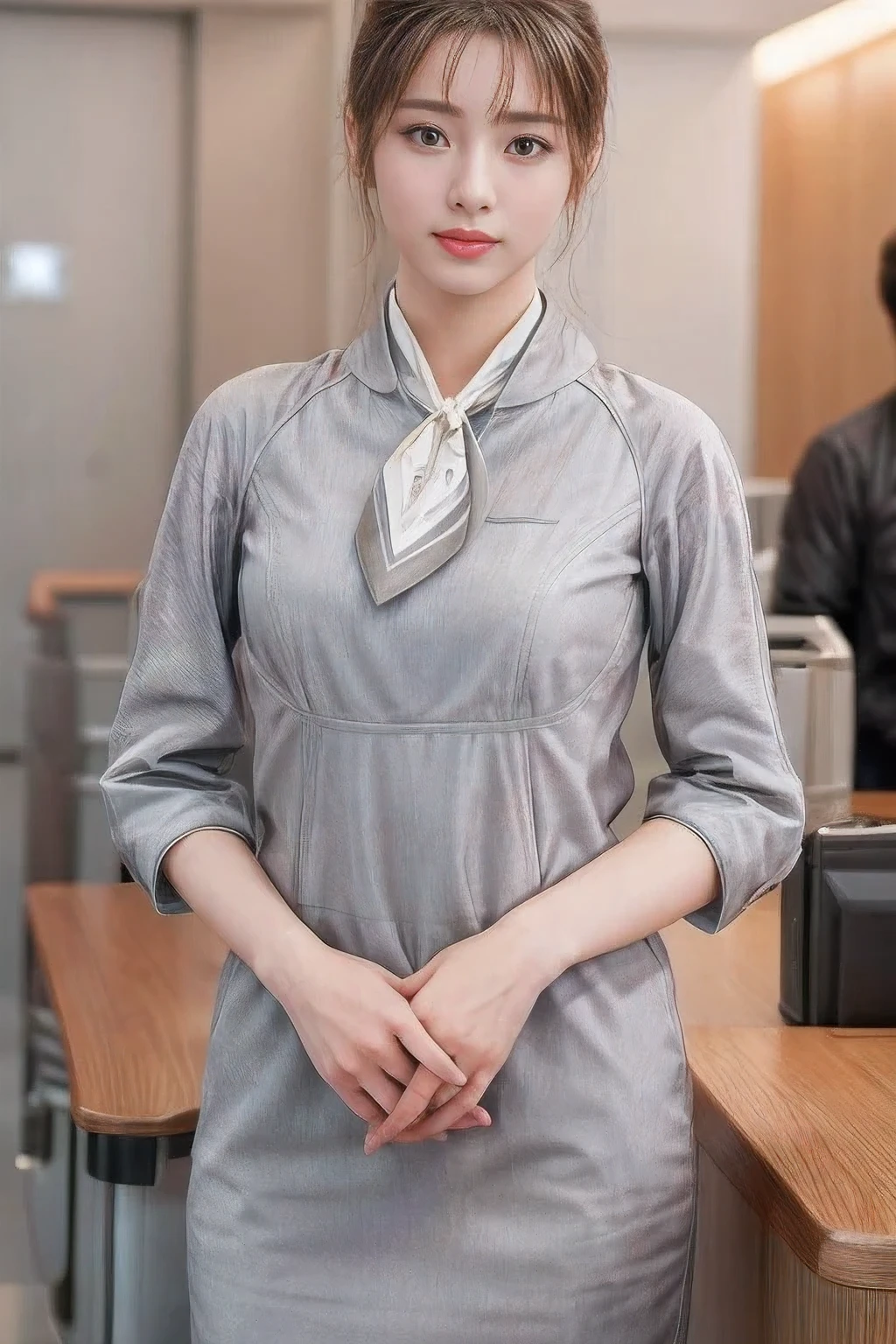 (masterpiece:1.2、highest quality:1.2)、32K HDR、High resolution、(alone、1 girl、Slim figure、tall、young woman)、（Realistic style with Starlux Airlines uniform）、 (In the airport lounge, Professional Lighting)、（Starlux Airlines silver uniform:1.4）、（Starlux Airlines silver uniform with short sleeves）、（scarf on chest）、Big Breasts、（Long hair updo、Long hair tied back in a chignon）、Dark brown hair、Long Shot、（（Fine hand：2.0））、（（Harmonious body proportions：1.5））、（（Normal limbs：2.0））、（（Normal finger：2.0））、（（Delicate eyes：2.0））、（（Normal eyes：2.0））)、Beautiful standing posture