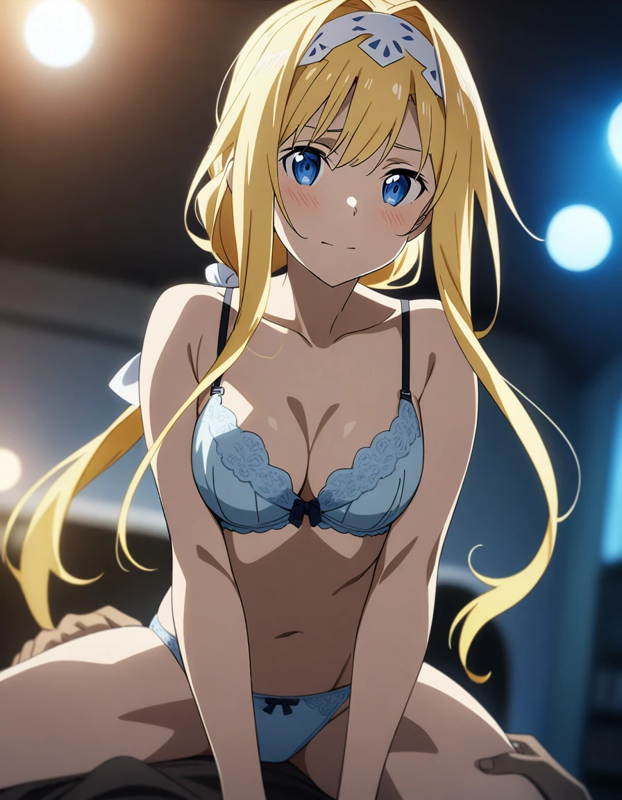 1girl and 1boy, alice zuberg, sword art online, straddling, panties, bra, (grabbing own breasts), looking at viewer, indoor, masterpiece, best quality, very aesthetic, absurdres, cinematic still, emotional, harmonious, vignette, highly detailed, high budget, bokeh, cinemascope, moody, epic, gorgeous, film grain, grainy