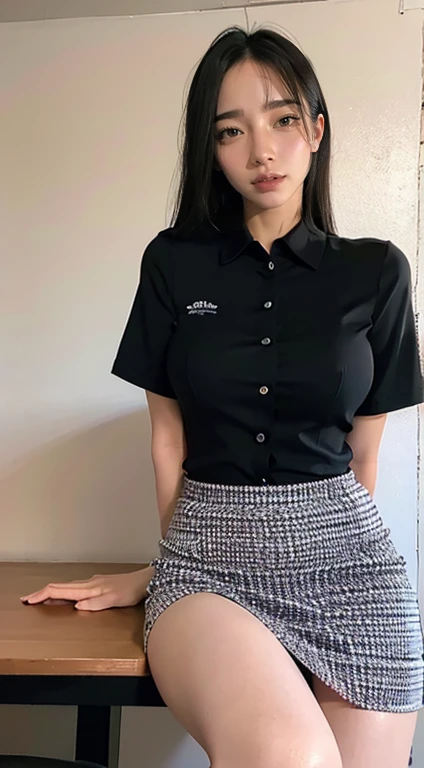Place your arms behind your back、(Remote Play), OL、((Secretary uniform)),White collared shirt、Black tight mini skirt、office lady、Inside the company、 (close your eyes, Open your mouth, Slouching posture), 1 female, alone, 19 years old, Place your arms behind your back、 Ideal body type, Erect nipples, Sexy Body, Black-haired, , thin, Large Breasts, Beautiful legs, thin脚, Surrealism, Cinema Lighting, Written boundary depth, First Person View, debt/1.8, 135mm, んdebtdebt, Tabletop, Accurate, Anatomically correct, Textured skin, Super Detail, Attention to detail, high quality, Awards, 最high quality, High resolution, 8k