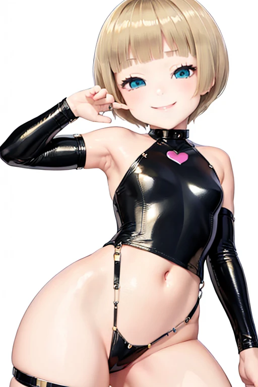 Blonde hair, short mash hair, turquoise eyes,A girl with impressive blonde hair、hair ornaments、short bob、hot pants、smile、dynamic pose, Pink bondage suit, mocking smile