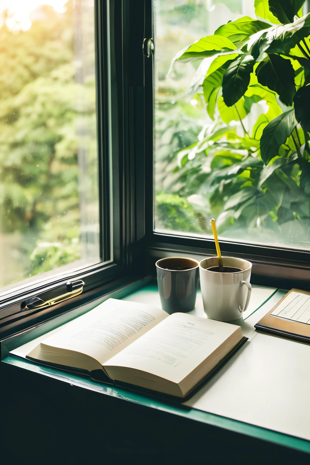 Book桌一角，Pen记本，Book，Pen，coffee，In front of the window，Greenery outside the window，Real photos，First Perspective，Warm colors，HD