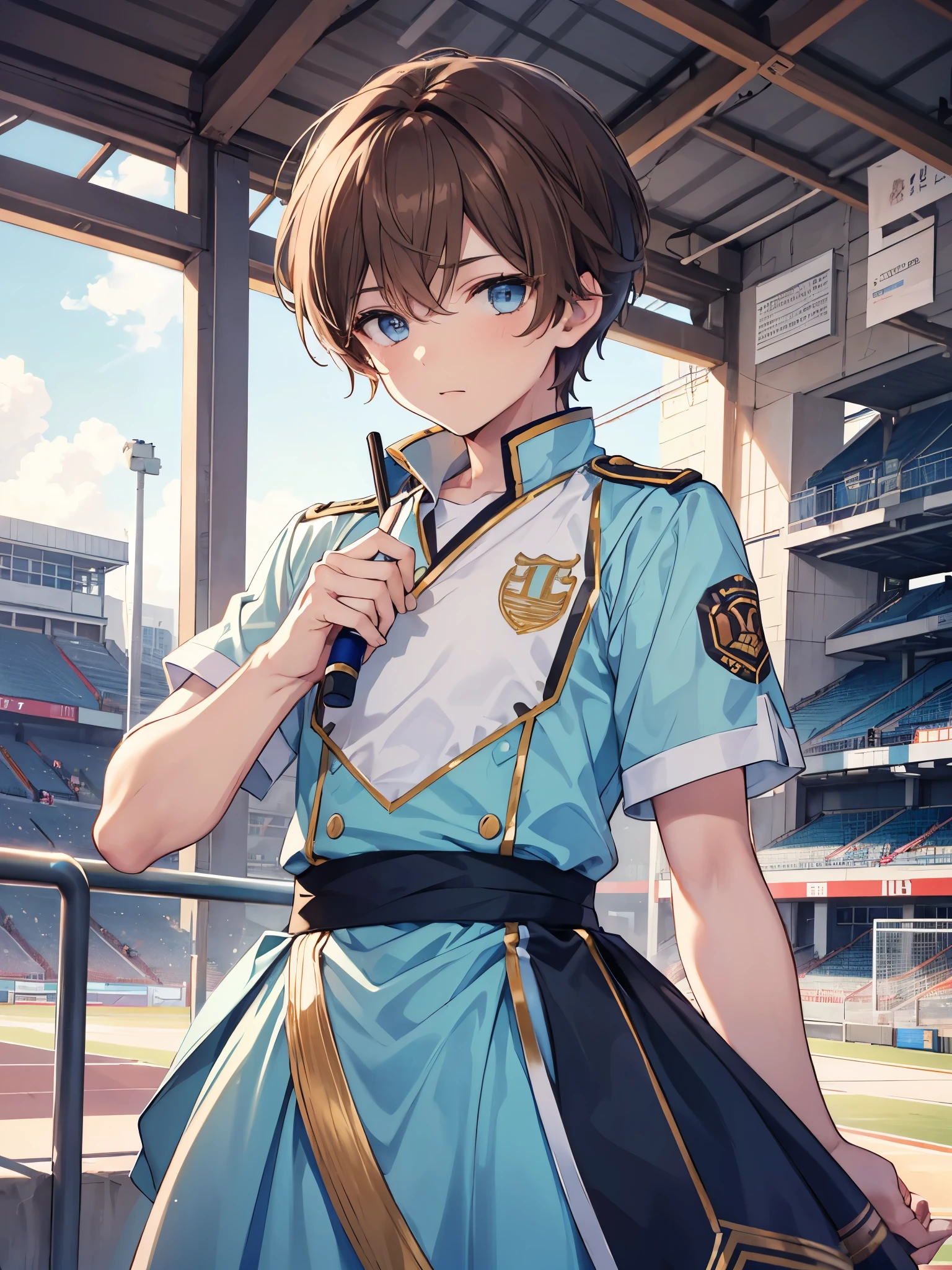A refreshing man, , In the classroom, Short hair, ash brown,Green eyes, smile, Judo uniform folded on a table, Ultra HD, Realistic, Bright colors, High detail, UHD rendering, Perfect composition, A beautiful and detailed complex