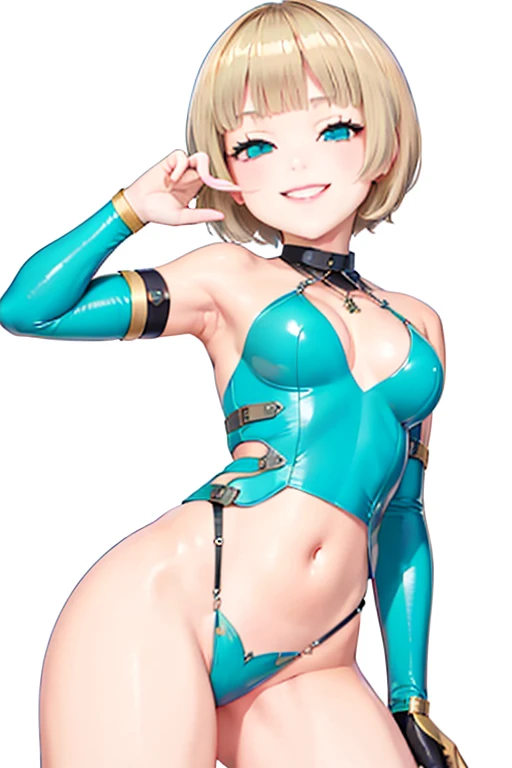 Blonde hair, short mash hair, turquoise eyes,A girl with impressive blonde hair、hair ornaments、short bob、hot pants、smile、dynamic pose, Pink bondage suit, mocking smile