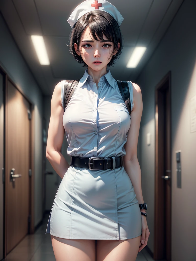 1 girl, alone,Black Short Hair, Nurse uniform,belt,watch, White sleeveless collared shirt,Blue super mini skirt, Nurse cap, The nurse is crying:1.5, Perfect light, 8k, masterpiece:1.2, Very detailed, Realistic:1.37, Full HD, Frontal shot of hospital background,Are standing