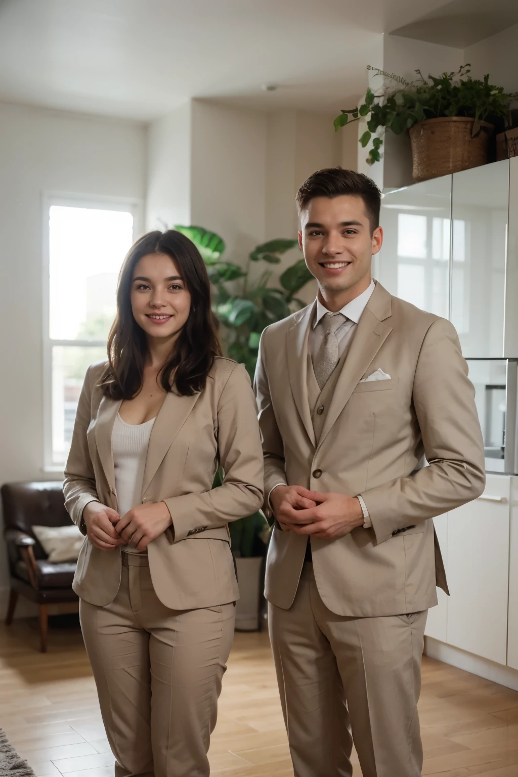 Real estate agents, male and female of age 25, good smile, posing for a professional marketing shoot with full beige and grey suits, standing front facing, in a modern spacious house interior with some greens in the background, Realistic high-quality RAW image
