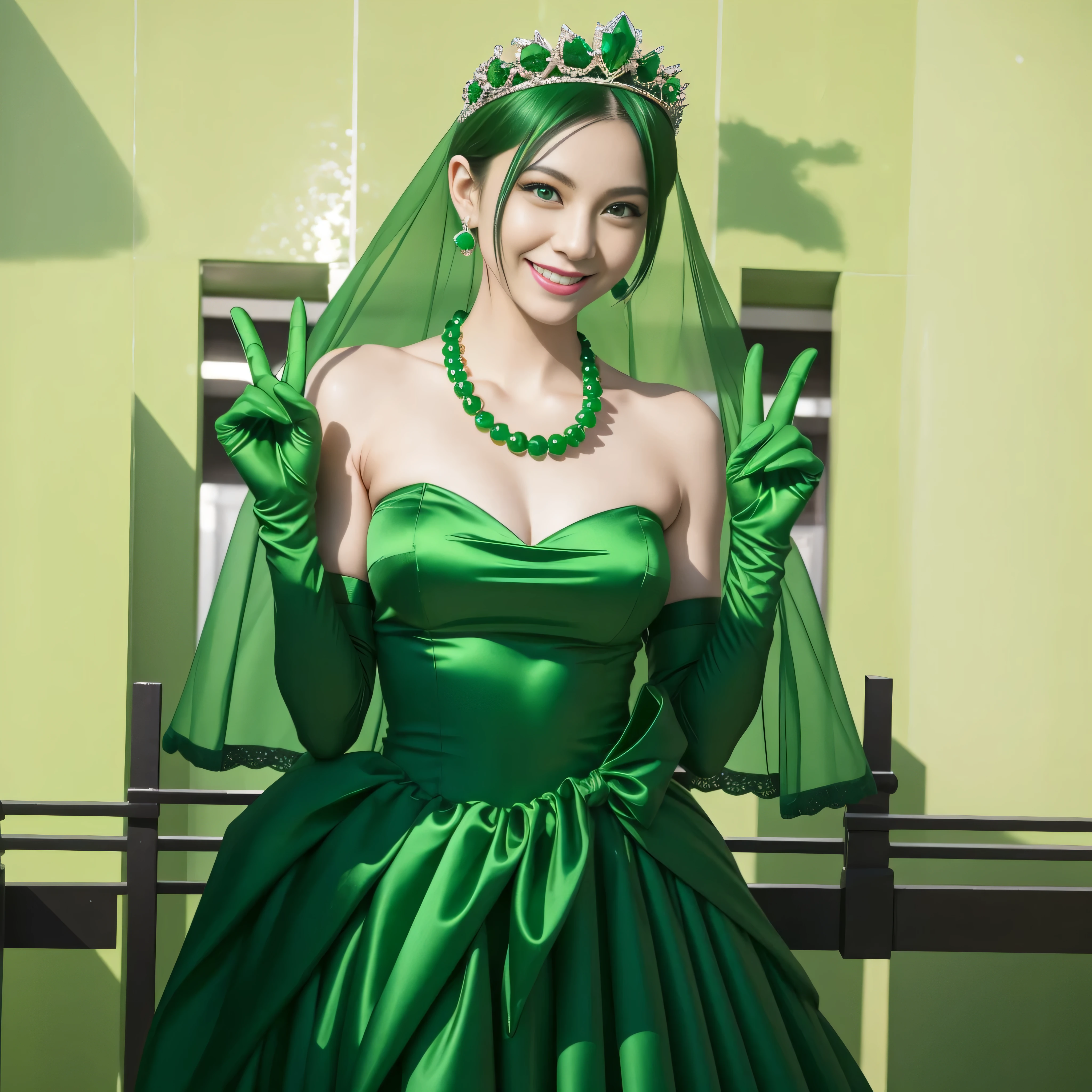 Emerald tiara, Green Pearl Necklace, Boyish very short green hair, lipstick, Smiling Japanese woman, Very short hair, Big tits beautiful, Green Eyes, Long green satin gloves, Green Eyes, v sign, Emerald Earrings, Green Veil
