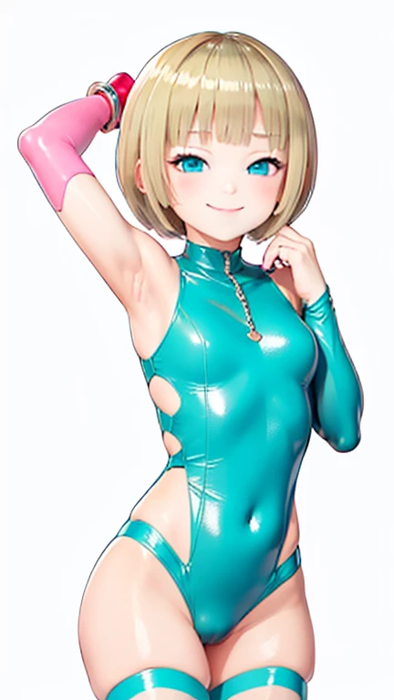 Blonde hair, short mash hair, turquoise eyes,A girl with impressive blonde hair、hair ornaments、short bob、hot pants、smile、dynamic pose, Pink bondage suit, mocking smile