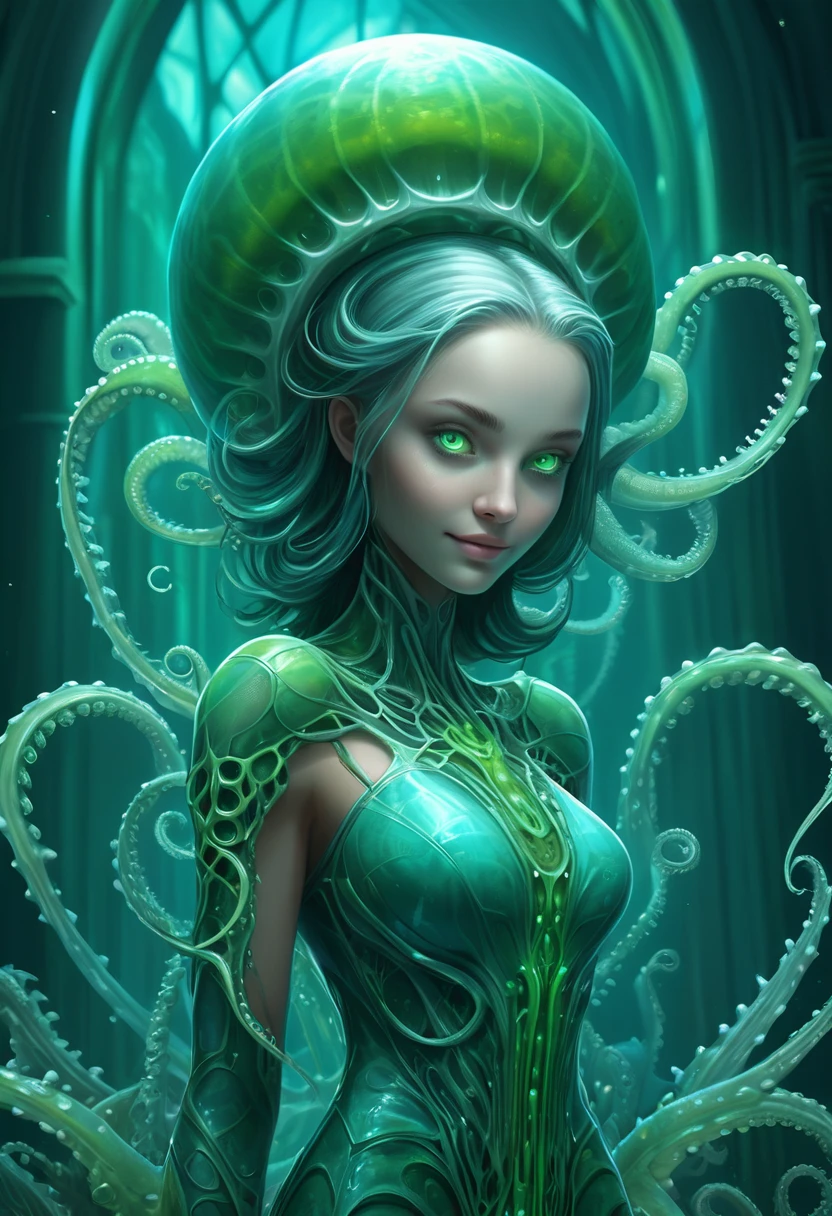(A portrait of one beautiful pale female alien who is a young teenager:1.4), ((There is a female genital-like organ in the her head:1.8)), (realistic face:1.2), (green eyes:1.4), (Numerous award-winning masterpieces, with incredible detail, textures and maximum detail), artistic photography, midnight aura, unreal engine 5, Ultra Sharp Focus, art by Amano Yoshitaka, ArtGerm, Roisch, intricate artwork, ultra realistic realism, high resolution, High freshness, drawing faithfully, official art, Unity 8K Wall paper, ultra detailed artistic photography, dream-like, Creation of fantasy, dream Snail, (biopunk nautilus:1.3),Thrilling color schemes, smiling, Amazing mutation, well-proportioned body, goddess of the deep sea, fractal, Geometric pattern, impossible figures, (semi-translucent aqua tentacles with luminescent tentacles:1.4), subtle emerald green accents, (smiling seductively:1.3),(She has the most beautiful face in the history of the universe:1.5), (she is looking down at viewers with glowing green eyes:1.3), an evil gaze that seduces, cinematic lighting, in the hall of the palace, (model posing:1.5), (beautiful big breast)
((She has a countless hair-like translucent tentacles on her head fractal:1.8))