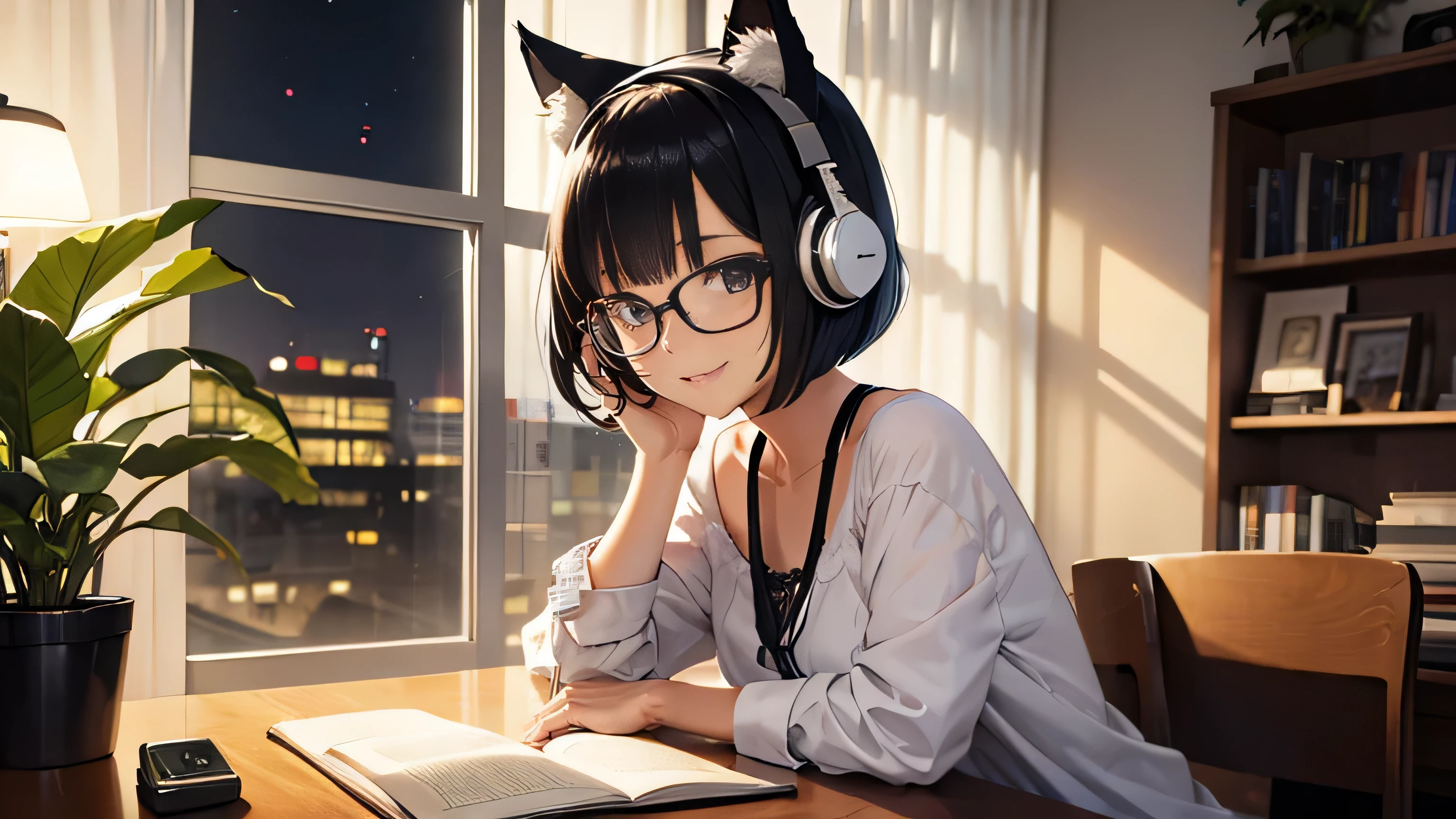 Beautiful girl with cat ears and headphones reading a book、Room with houseplants、night、Her hair is a bob cut and she wears glasses.、smile