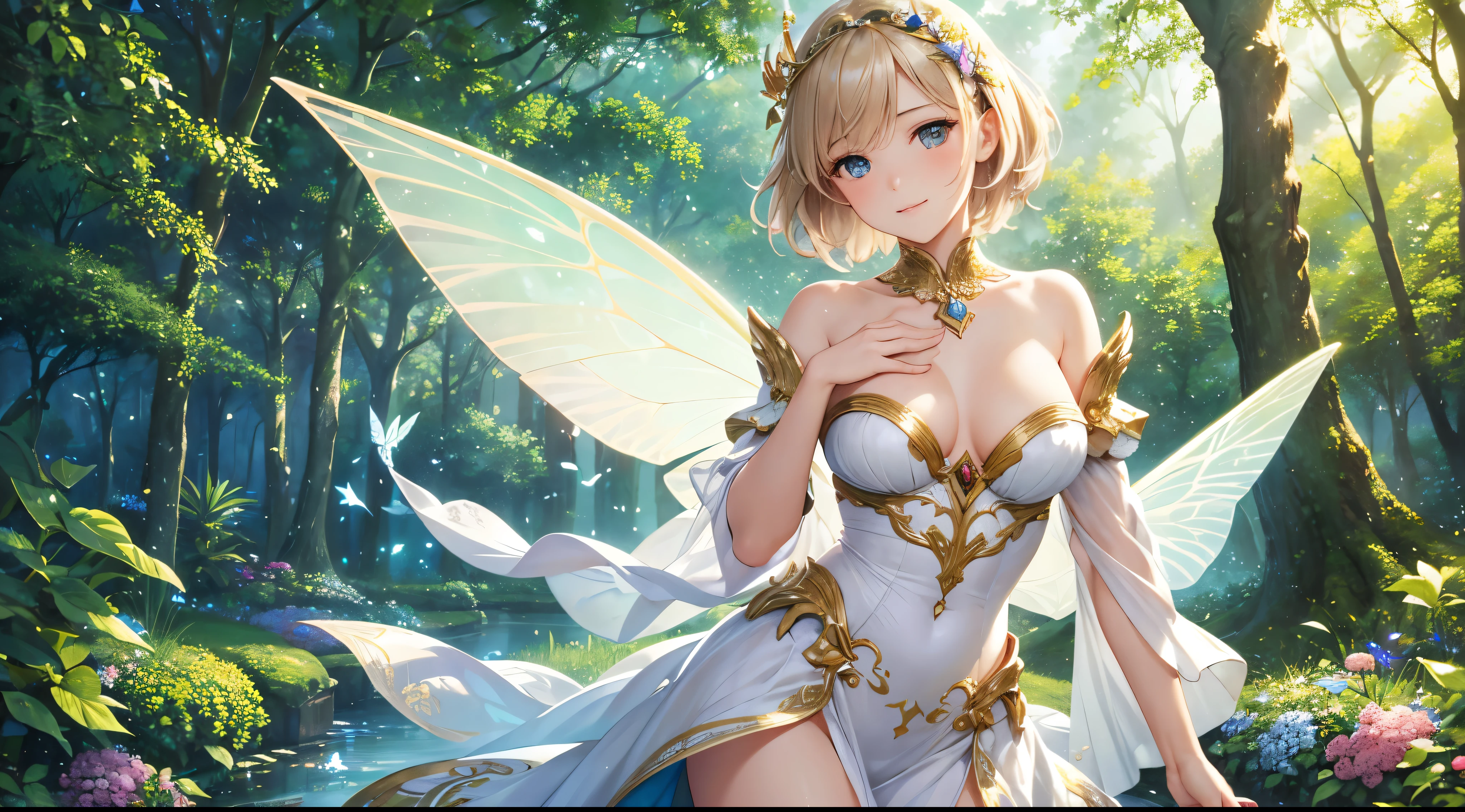 (best quality,highres,masterpiece:1.2),ultra-detailed,(realistic:1.37),portrait,illustration,fairy,beautiful short hair,sexy dress,cute,standing,white background,delicate facial features,colorful wings,golden crown,sparkling magic,ethereal glow,gentle smile,vibrant colors,sunlight filtering through the leaves,magical atmosphere,faint glittering particles,soft and flowing fabric,lenient posture,airy and light-footed motion,exquisite details,subtle expression,graceful pose,magical garden setting,mystical aura,enchanted forest,whimsical elements,fantasy elements,fluttering butterflies,dancing flowers,lively and vivid scene