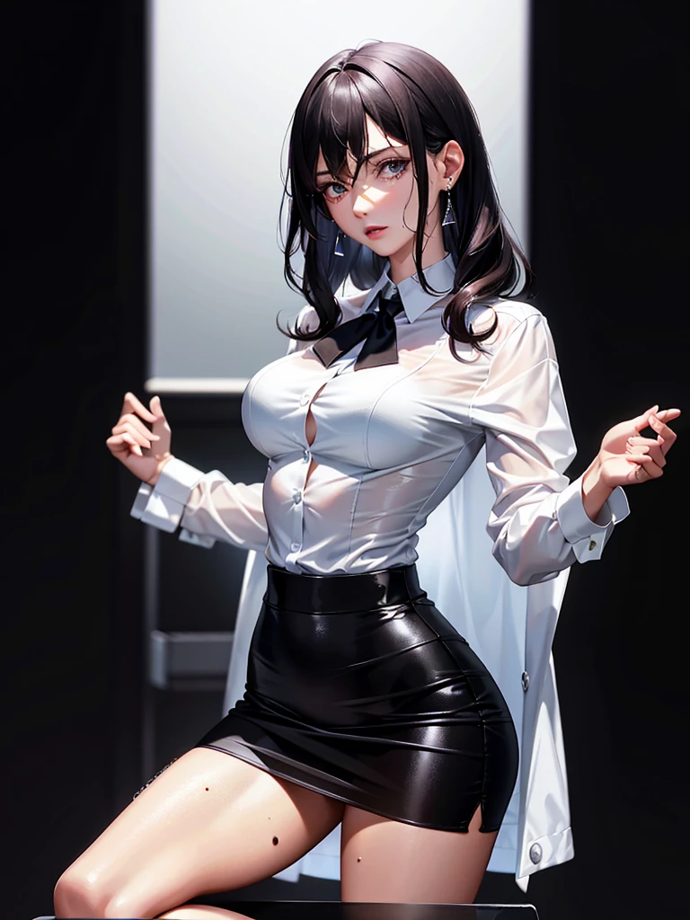 absurdres, RAW photo, extremely delicate and beautiful, masterpiece, Best Quality, ultra high resolution, 32k, hyperrealistic, ultra-detailed, perfect anatomy, anatomically correct, perfect figure, super Detailed skin, 20 years old, very Slim body, narrow waist, very small head, very small face, delicate facial features, detailed face, detailed eyes, tearful mole, earring, thin legs, bare legs, very huge round breasts, short medium hair, ((wavy hair)), wet clothes, ((business suit)), white shirt, black skirt, (coat), detailed weapon,