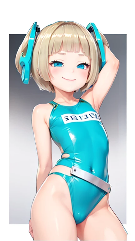 Blonde hair, short mash hair, turquoise eyes,A girl with impressive blonde hair、hair ornaments、short bob、hot pants、smile、dynamic pose, Pink bondage suit, mocking smile