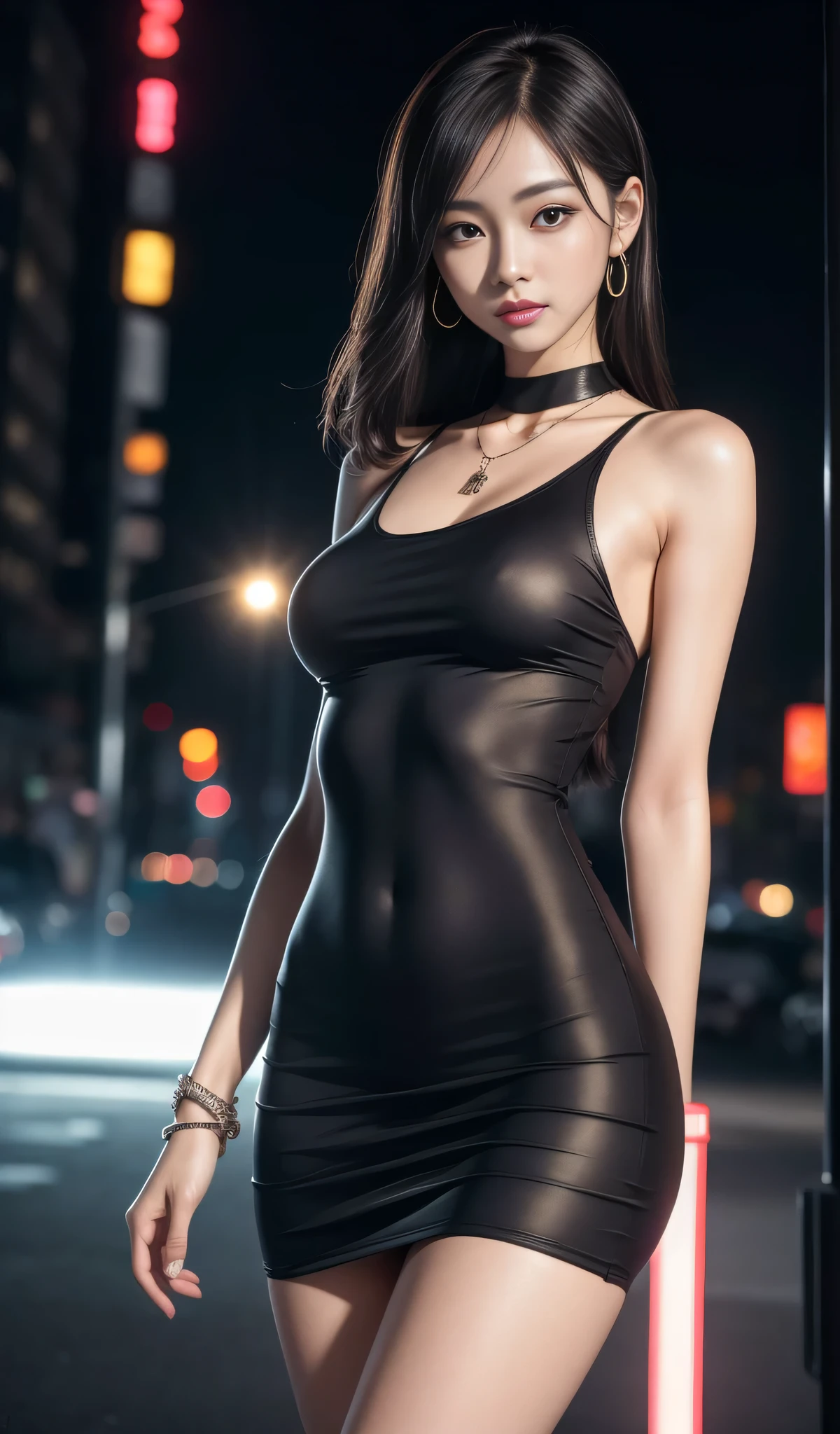 8k, Masterpiece, raw photos, best quality, details:1.2),realistic, Extremely detailsed Cg Unity 8k wallpaper, depth of field, Cinema-grade lighting, lens flare, Ray tracing, 
(Very beautiful face, beautiful lips, beautiful eyes), intricate details face, ((ultra detailsed skin)) 1 girl, in the dark, deep shadow, 
Cute Korean Girl, kpop idols,(very slim and slender muscular body:1.3), ((see viewers)),(Big smile), (Bodycon mini dress),(pink dress), (Injection sleeve) ,  (City nighttime, (neon sign), (nighttime), Cute Korean Girl, earring, bangle, necklace, tights, Clear eyes, walking place , (Pale skin), Facing forward, (Big eyes), ((upper body shock)), Dress tight, silk dress , return, shoot back, very slim, slander,(big breasts)stoop,Turn your back.