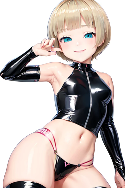 Blonde hair, short mash hair, turquoise eyes,A girl with impressive blonde hair、hair ornaments、short bob、hot pants、smile、dynamic pose, Pink bondage suit, mocking smile
