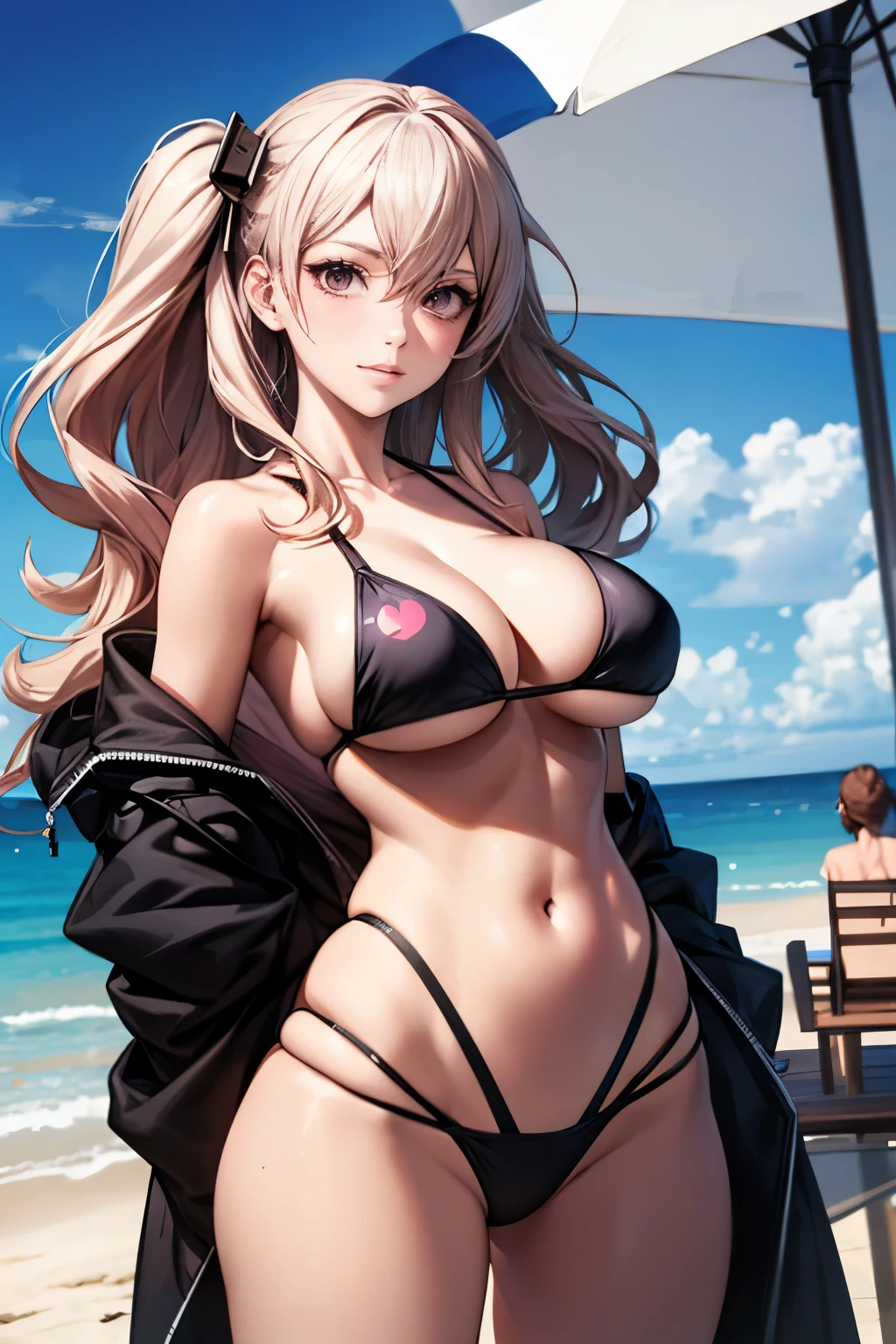 two women in bikinis standing on a beach next to the ocean, tits proportions, tits, Renji Murata and Artgerm, two beautiful Anime Girls, wlop and sakimichan, Big Breasts!!, At the Beach, At the Beach, Big Breasts!, Anime Girls, Realistic Bikini, Swimwear, biomechanical tits, junko enoshima