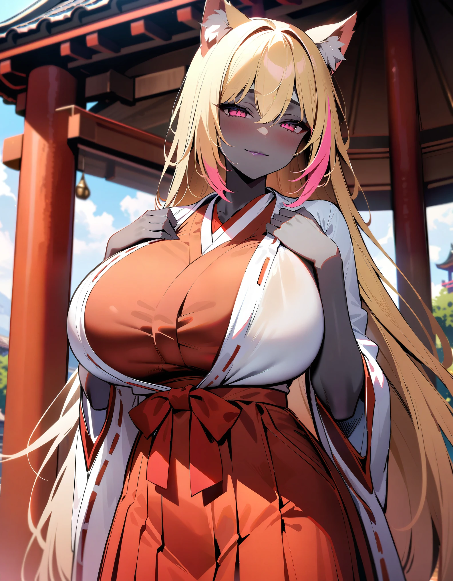 masterpiece, best quality, extremely detailed, 1girl, (milf, motherly:1.3), solo, (dark skin, black skin:2), (huge breasts:1.25), ((((blonde hair, streaked hair), very long hair, pink eyes, cat ears))), blue lips, (((miko, red hakama))), ((seductive smile), closed mouth), ((gazebo, temple))